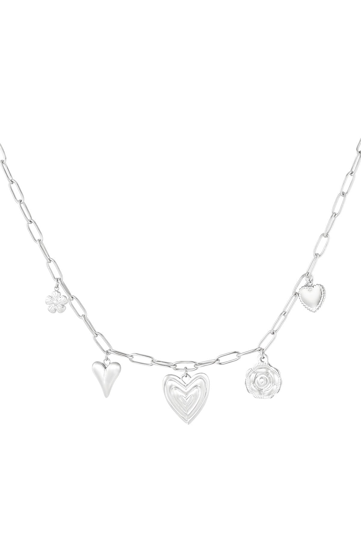 Bedelketting hart en bloemen bedel zilver