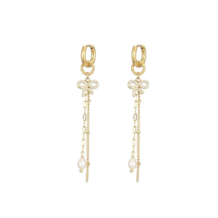 Statement oorhangers met strik en parel goudkleurig