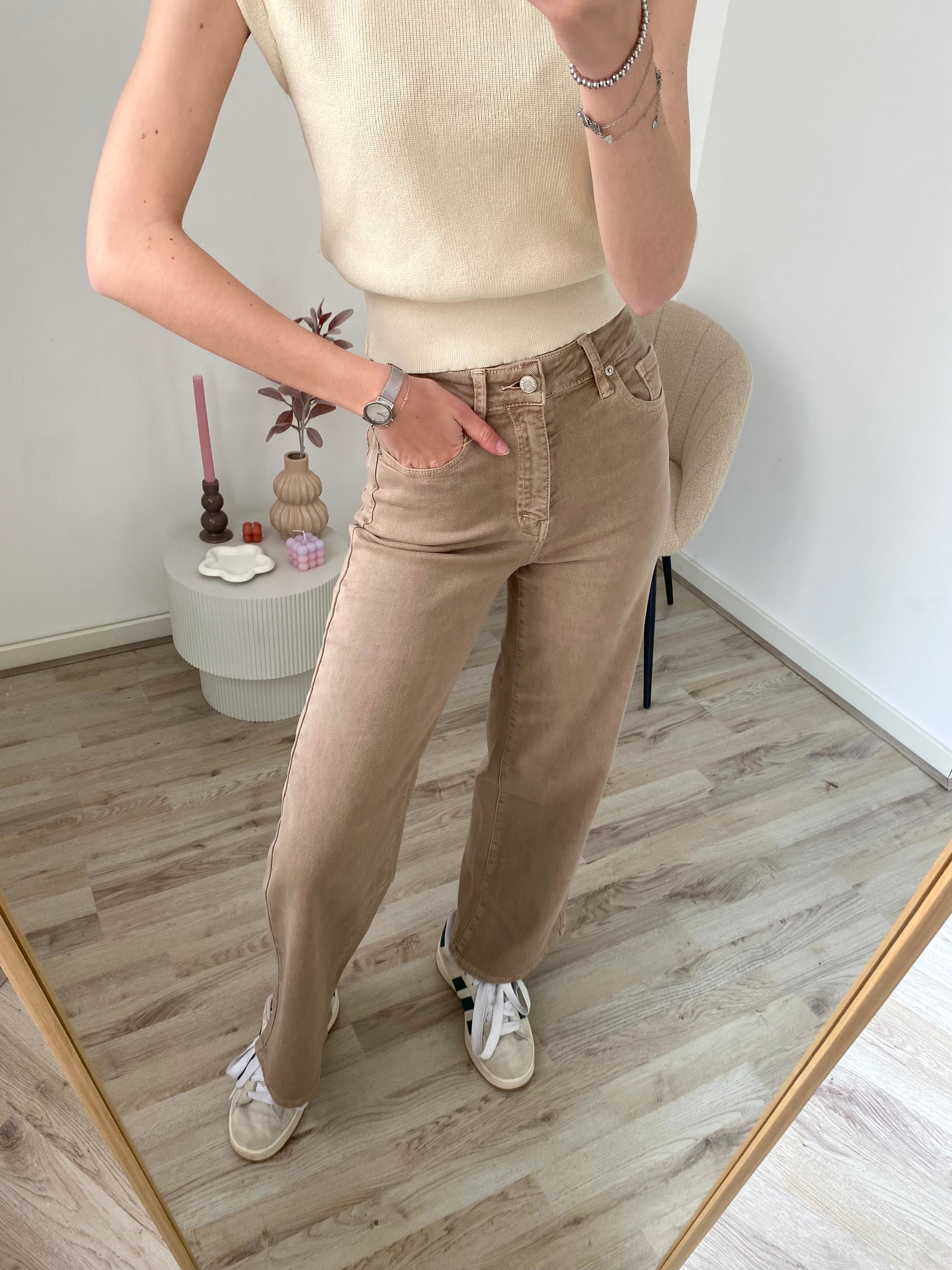 Wide leg jeans in het taupe met veel stretch