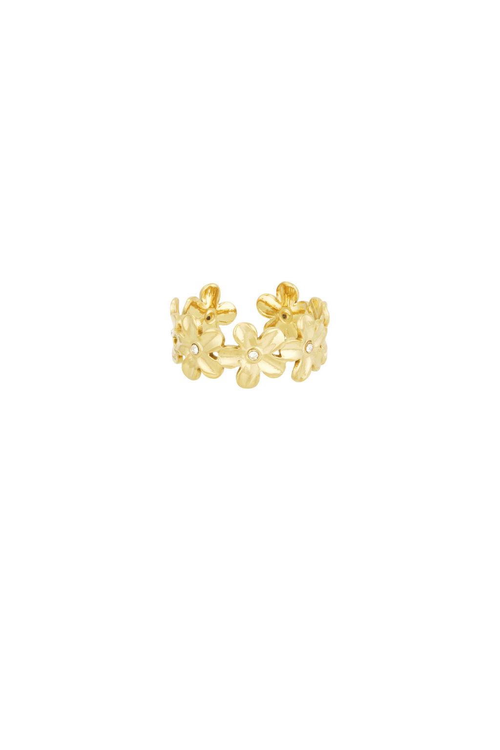 Bloemen ring met glitter steentjes goud