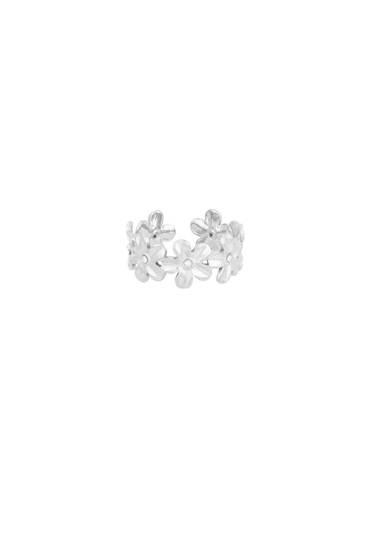 Bloemen ring met glitter steentjes zilver