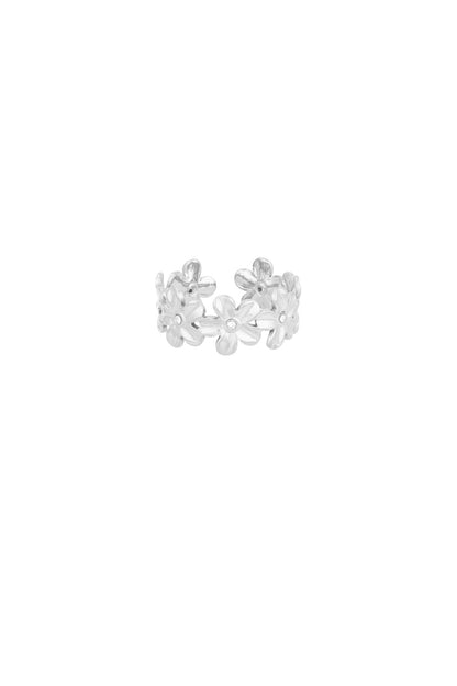 Bloemen ring met glitter steentjes zilver