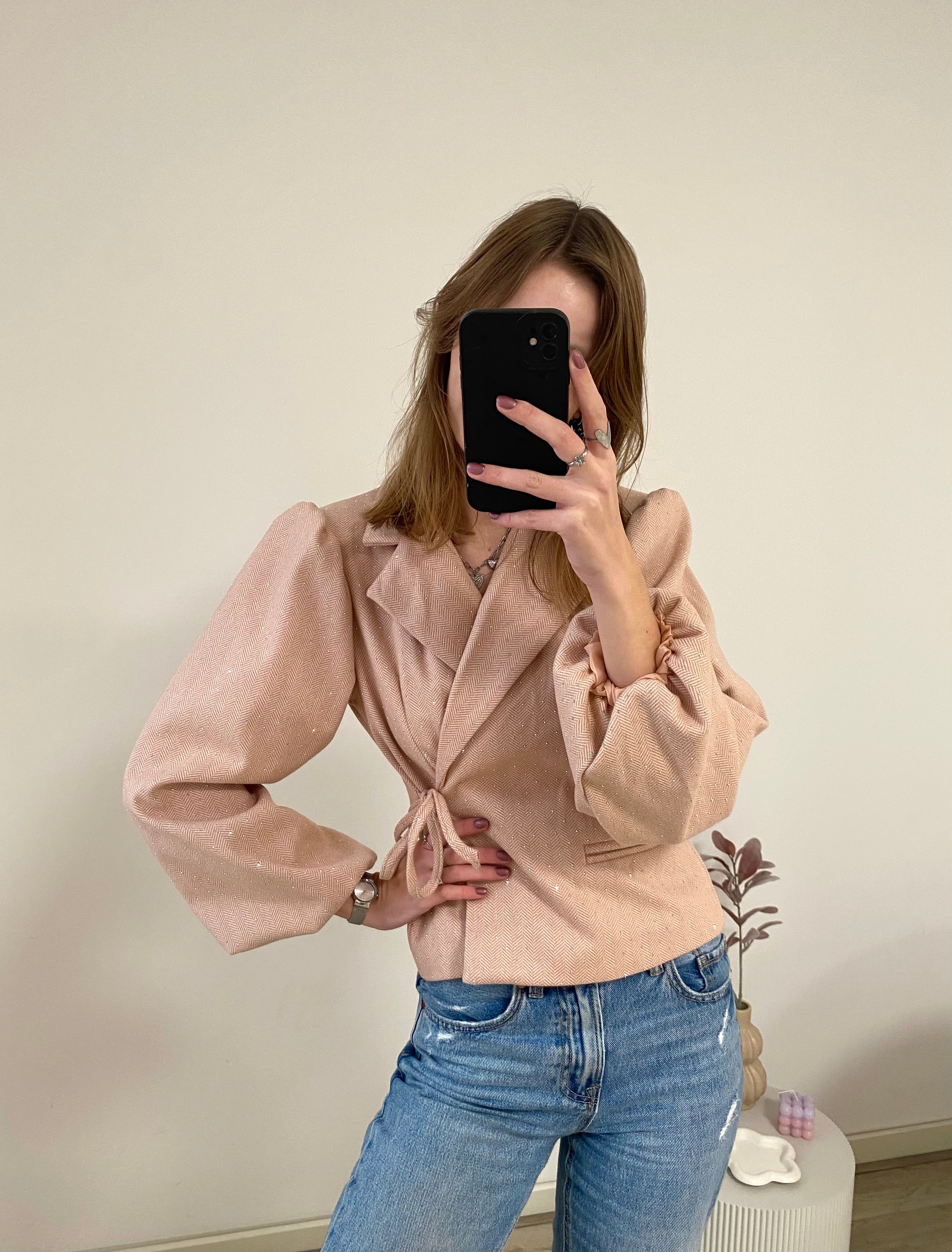 Blazer glitters met lange mouw en overslag in het roze