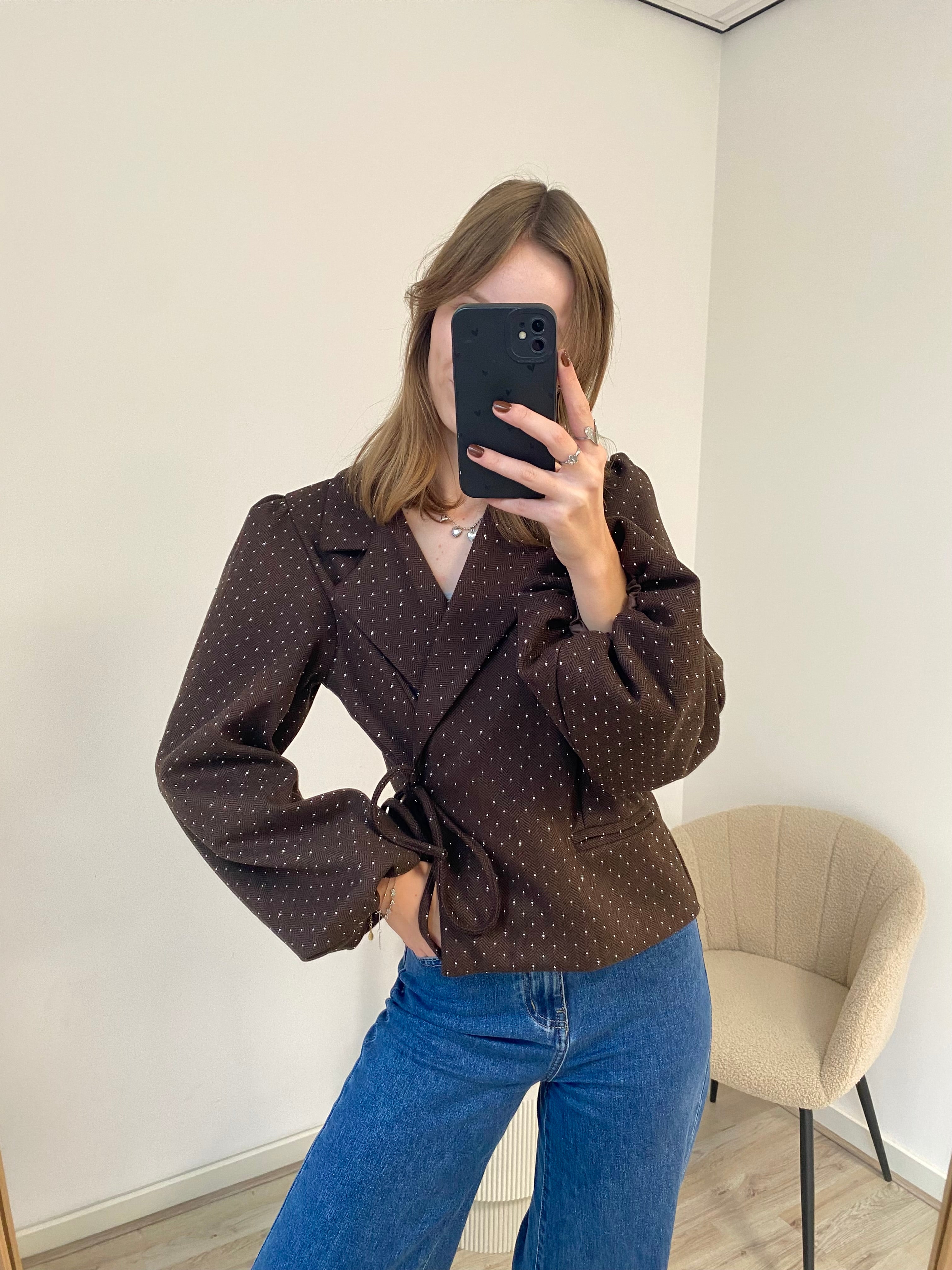 Blazer met glitters en lange mouw overslag in het bruin