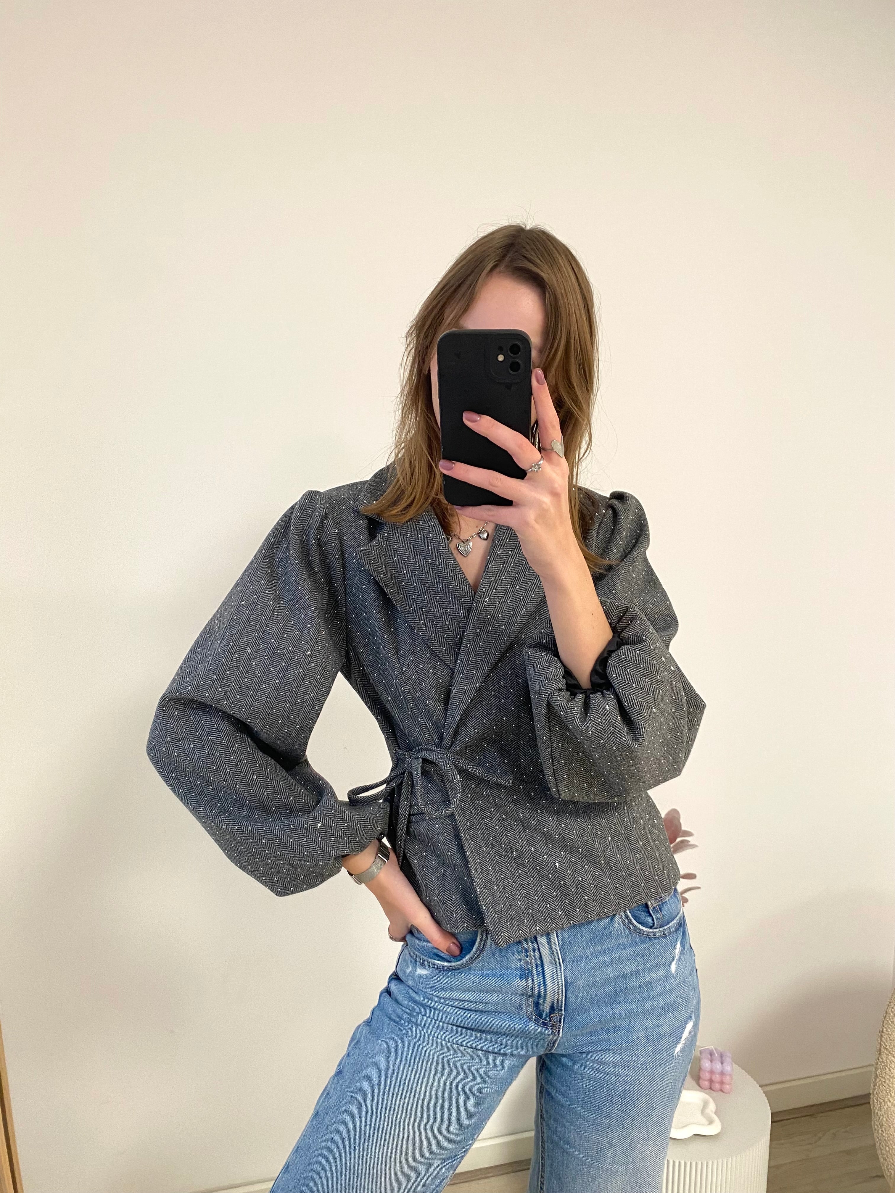 Blazer glitters met lange mouw en overslag in het grijs