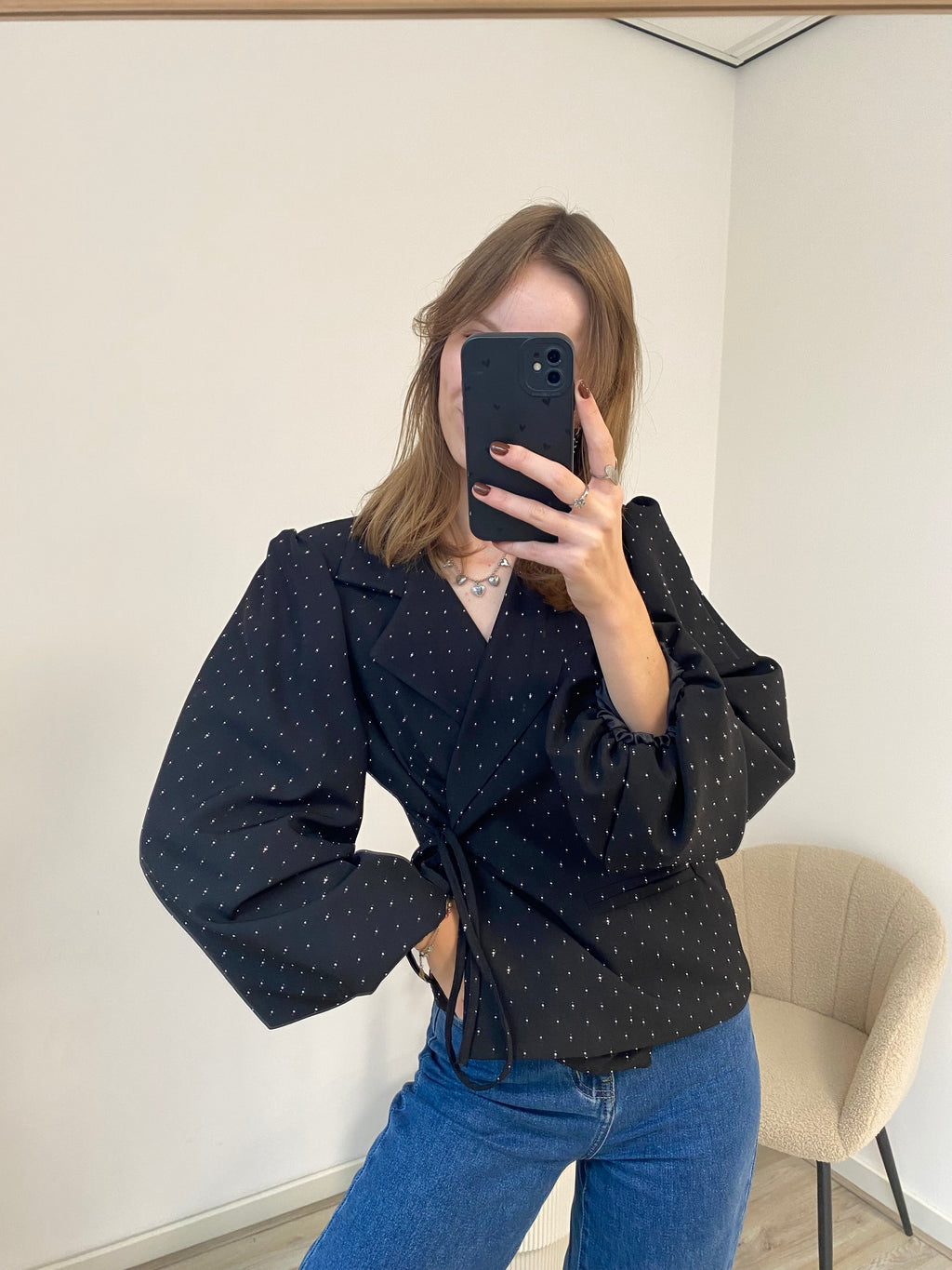 Blazer met lange mouw en overslag in het zwart met glitters