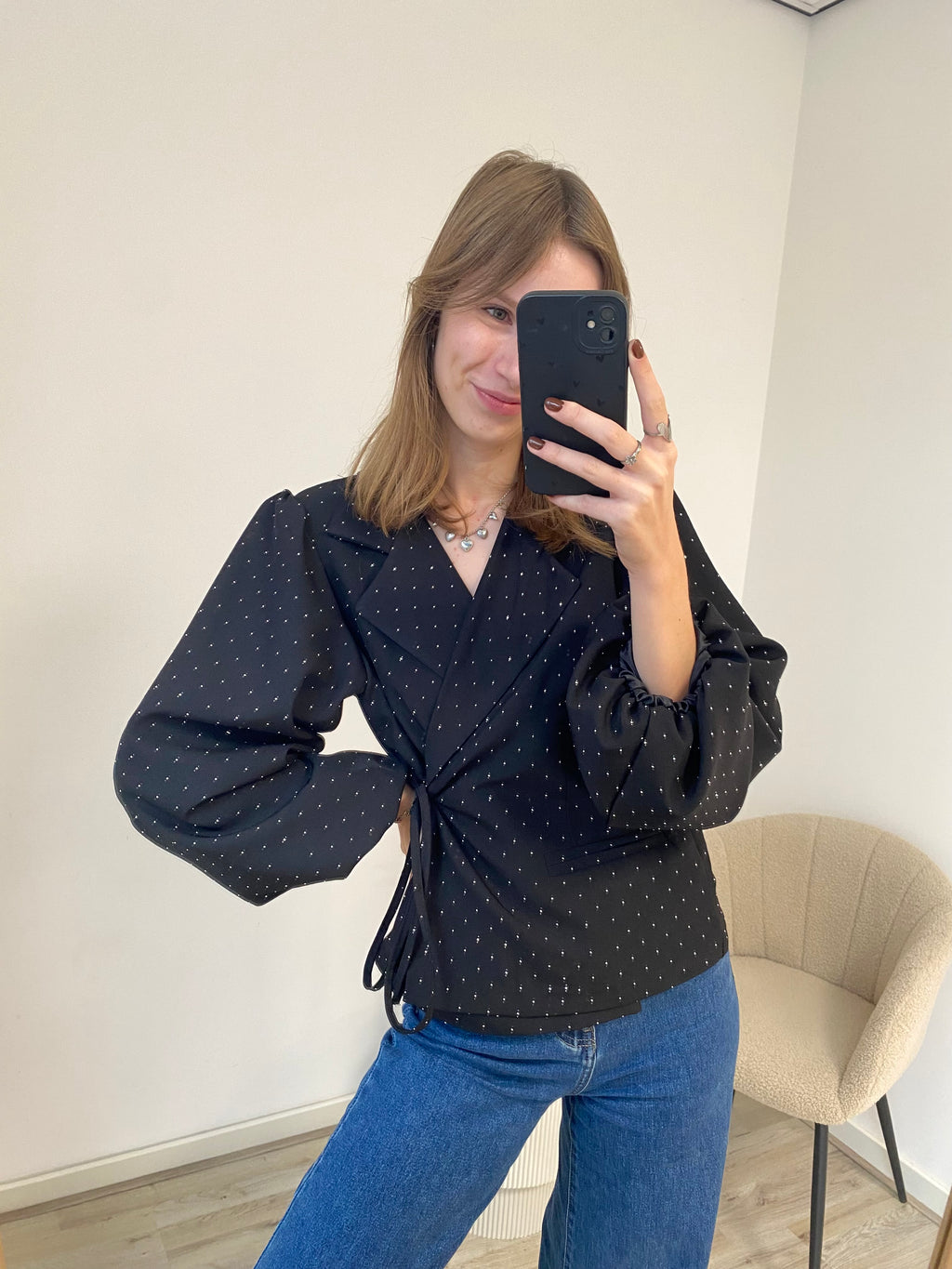 Blazer met lange mouw en overslag in het zwart met glitters