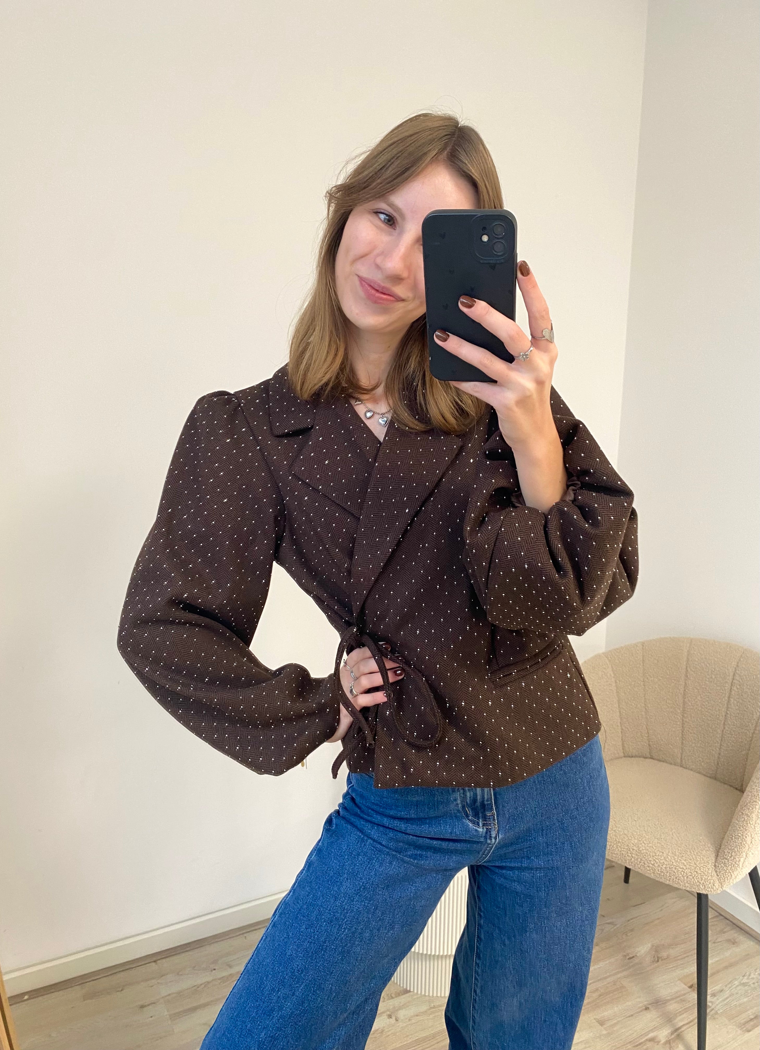 Glitter blazer met overslag in bruine kleur