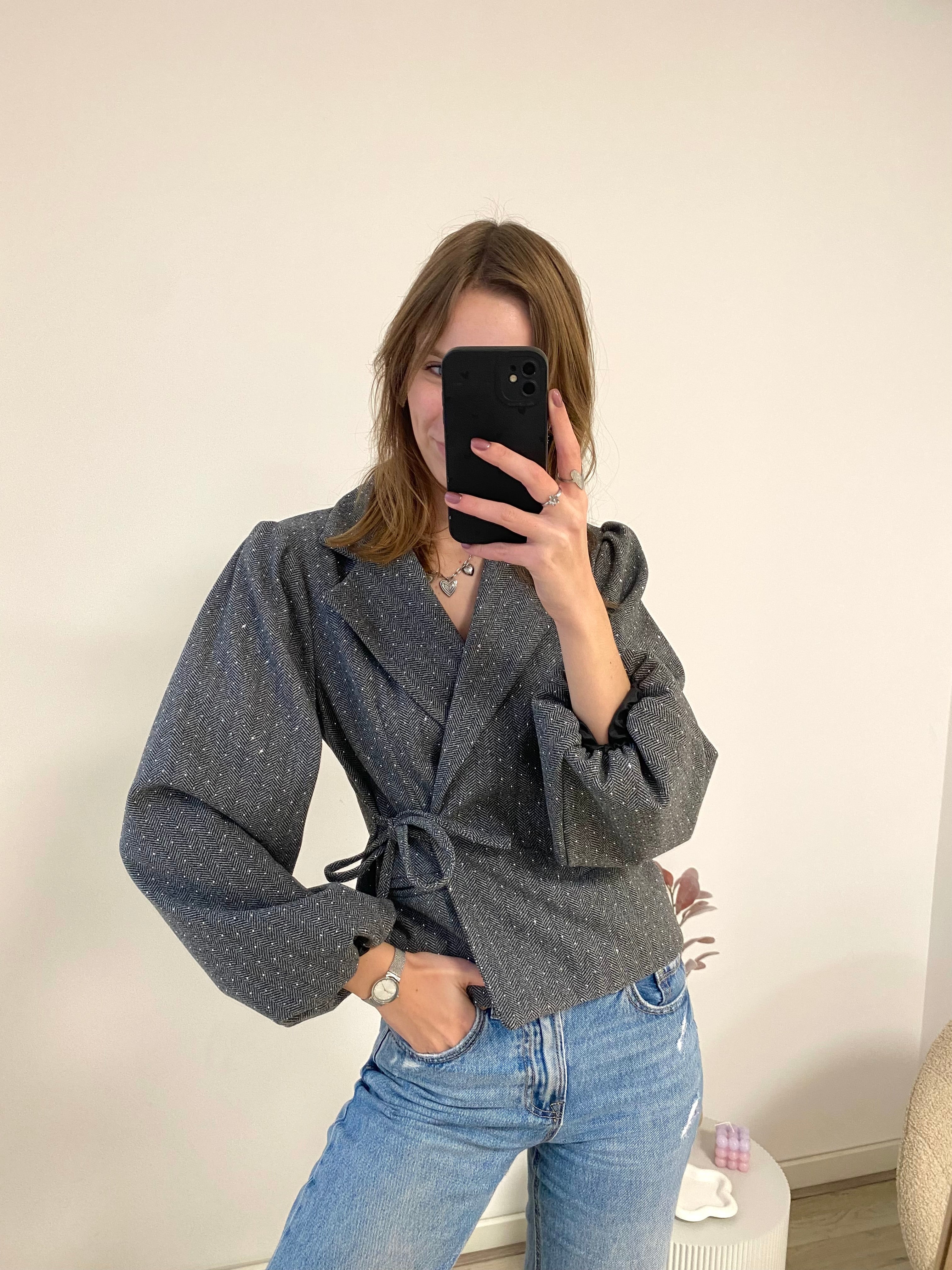 Blazer glitters met lange mouw en overslag in het grijs