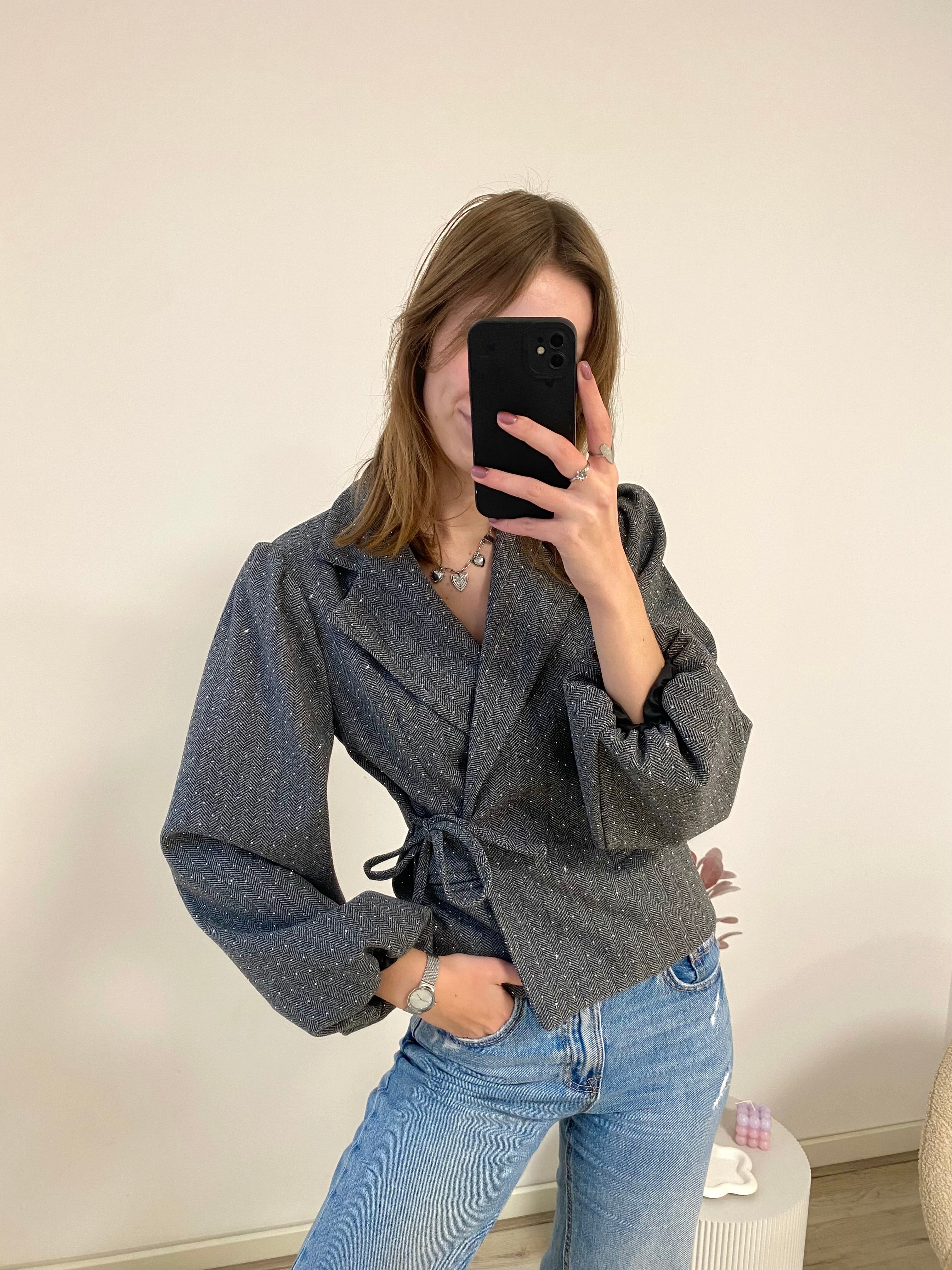 Blazer glitters met lange mouw en overslag in het grijs