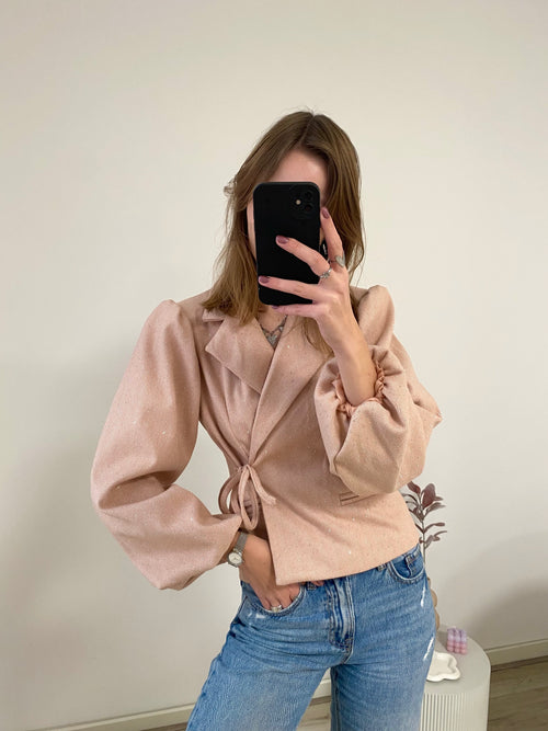 Blazer glitters met lange mouw en overslag in het roze