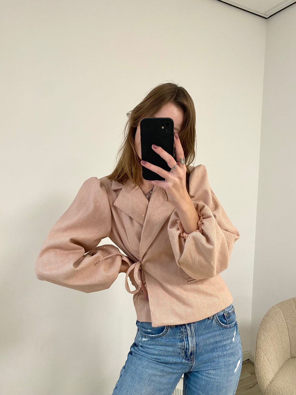 Blazer glitters met lange mouw en overslag in het roze