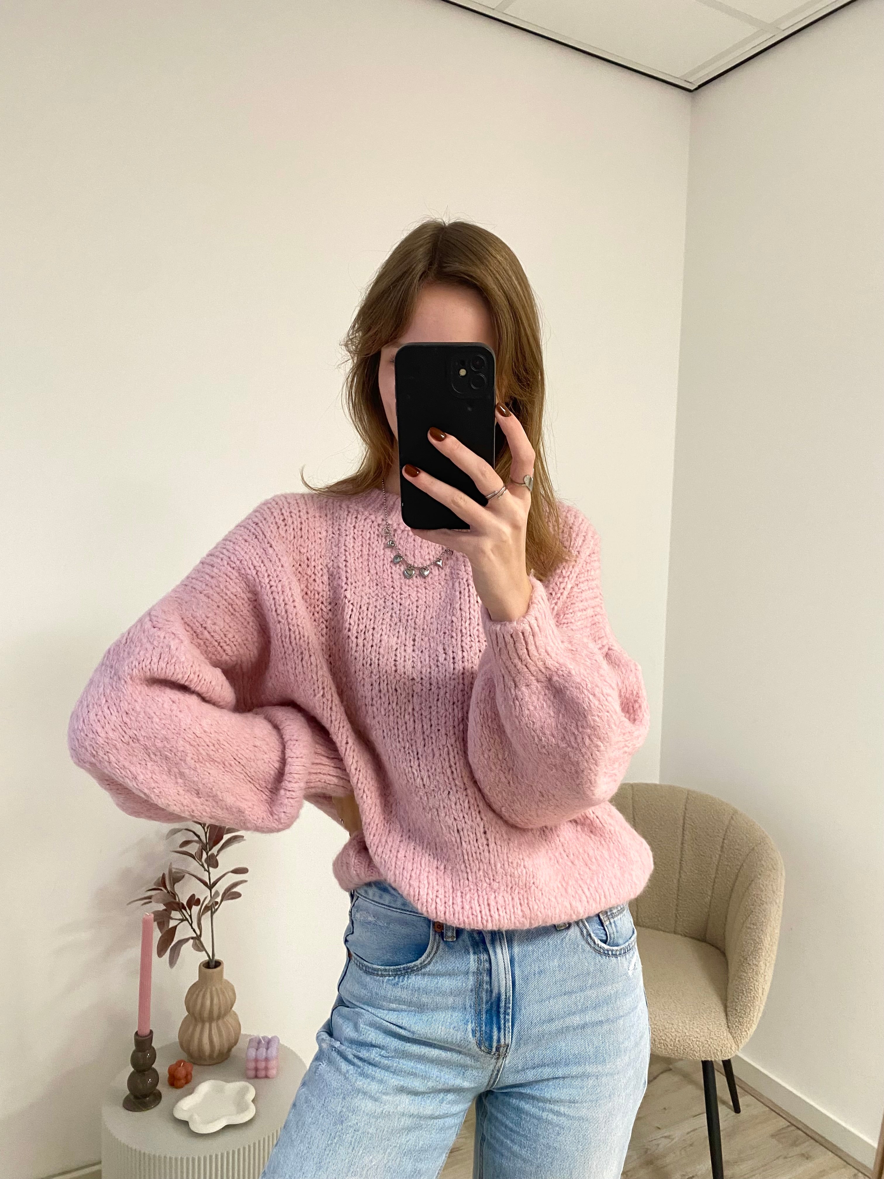 Trendy oversized zachte roze trui