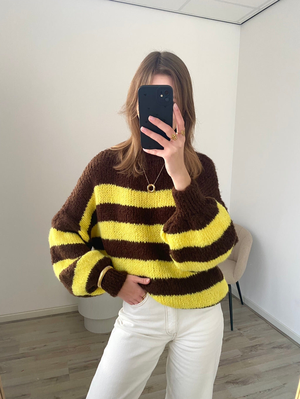Oversized trui sweater knit met strepen in bruin en geel