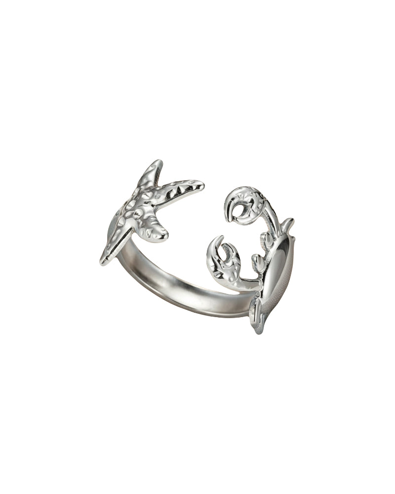Ring met krab en zeester in het zilver