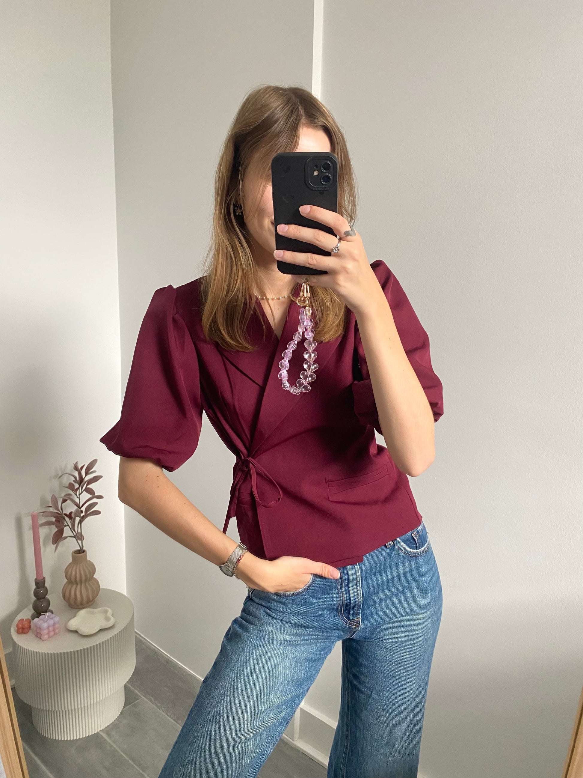Blazer korte mouw met overslag en strik in bordeaux