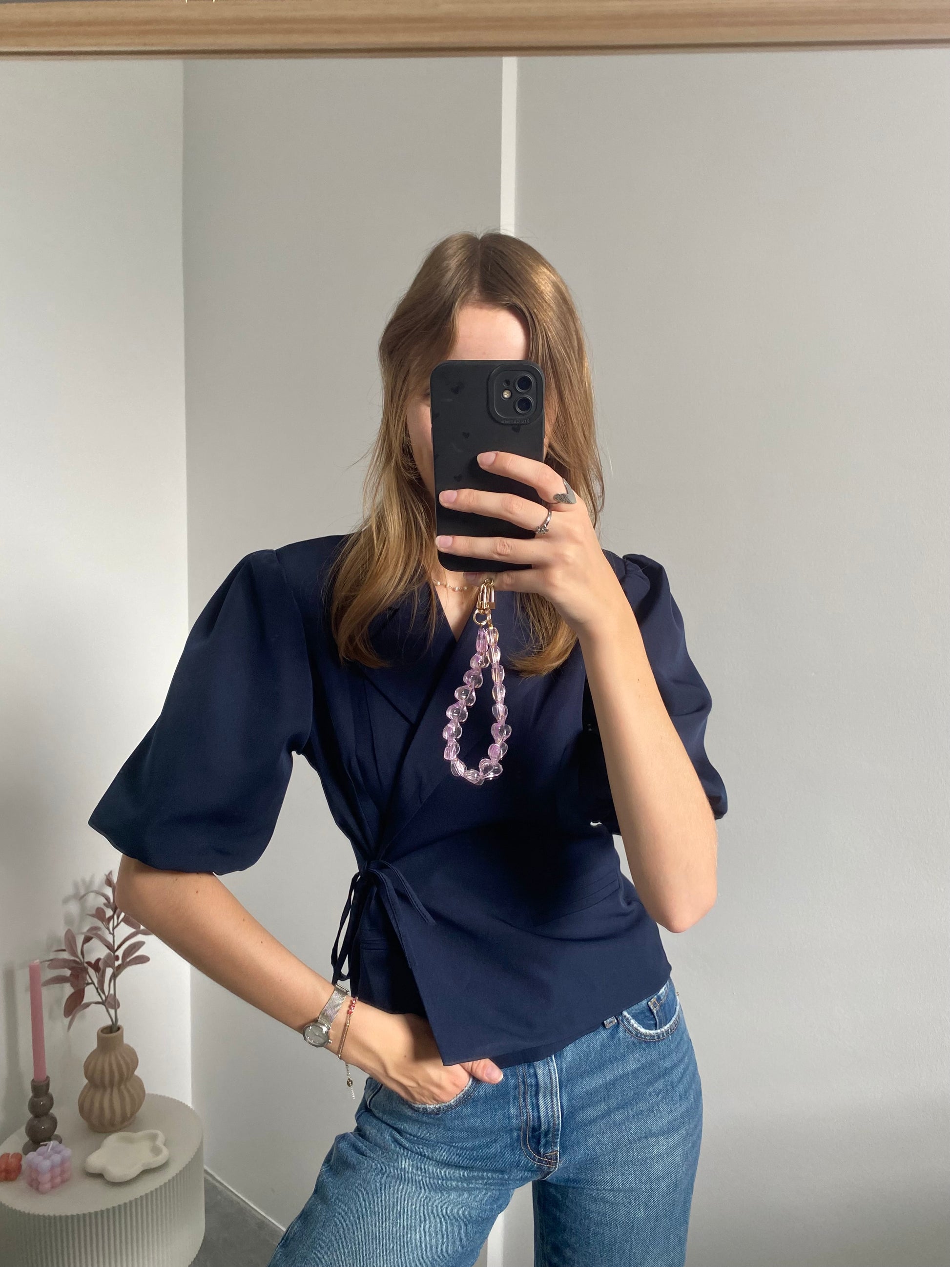 Blazer korte mouw met overslag en strik in navy