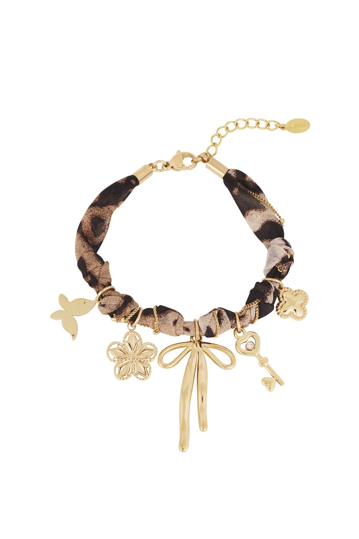 Bandana armband met panterprint en gouden bedels