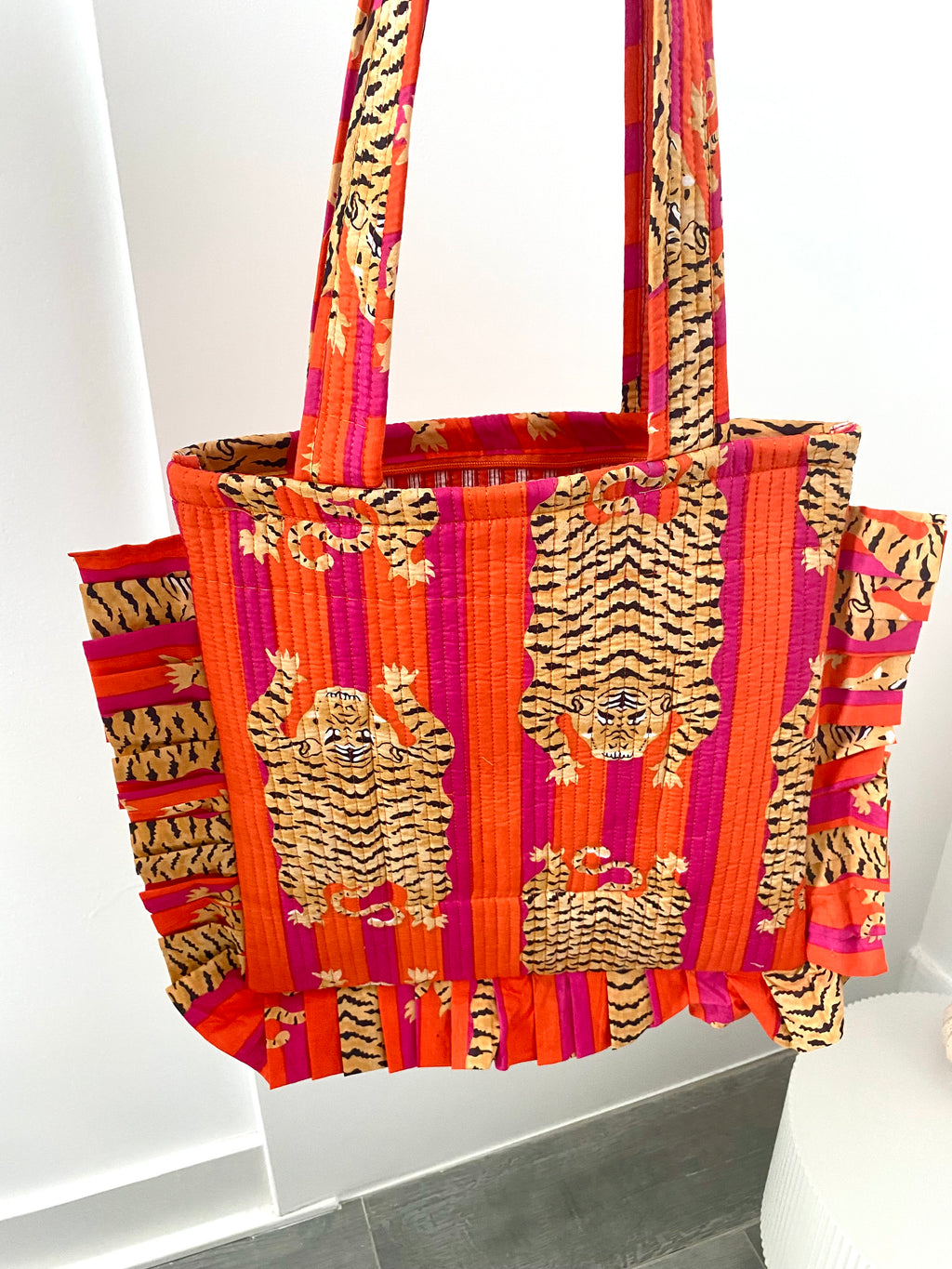 Ibiza tas met leopard print en oranje roze strepen