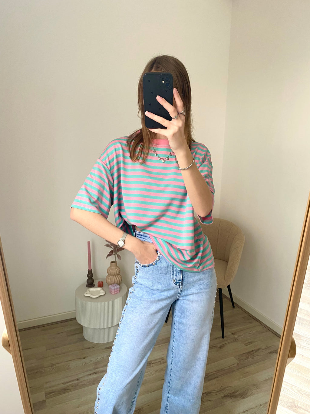 Korte mouw shirt in oversized fit met strepen in mint met roze