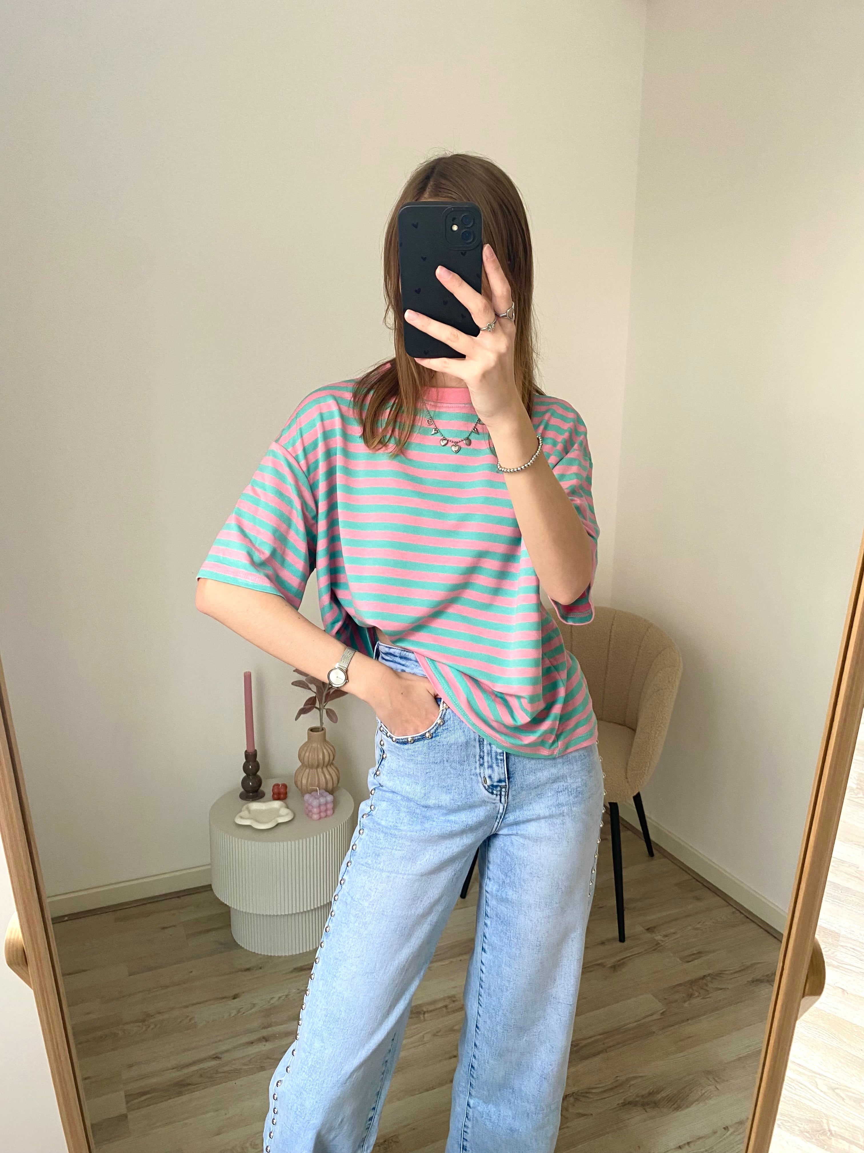 Korte mouw shirt in oversized fit met strepen in mint met roze