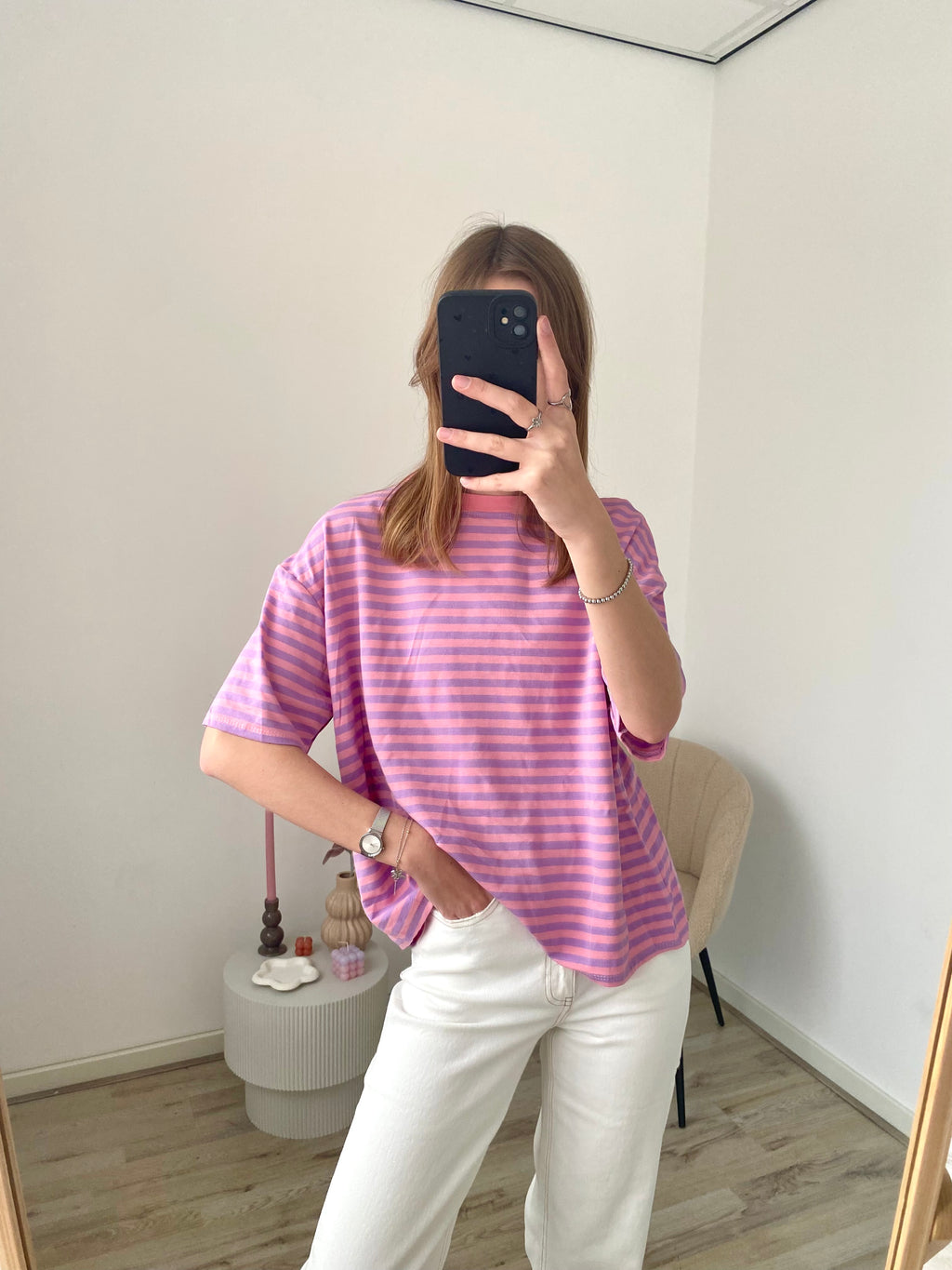 Oversized shirt met strepen in roze met paarse kleur