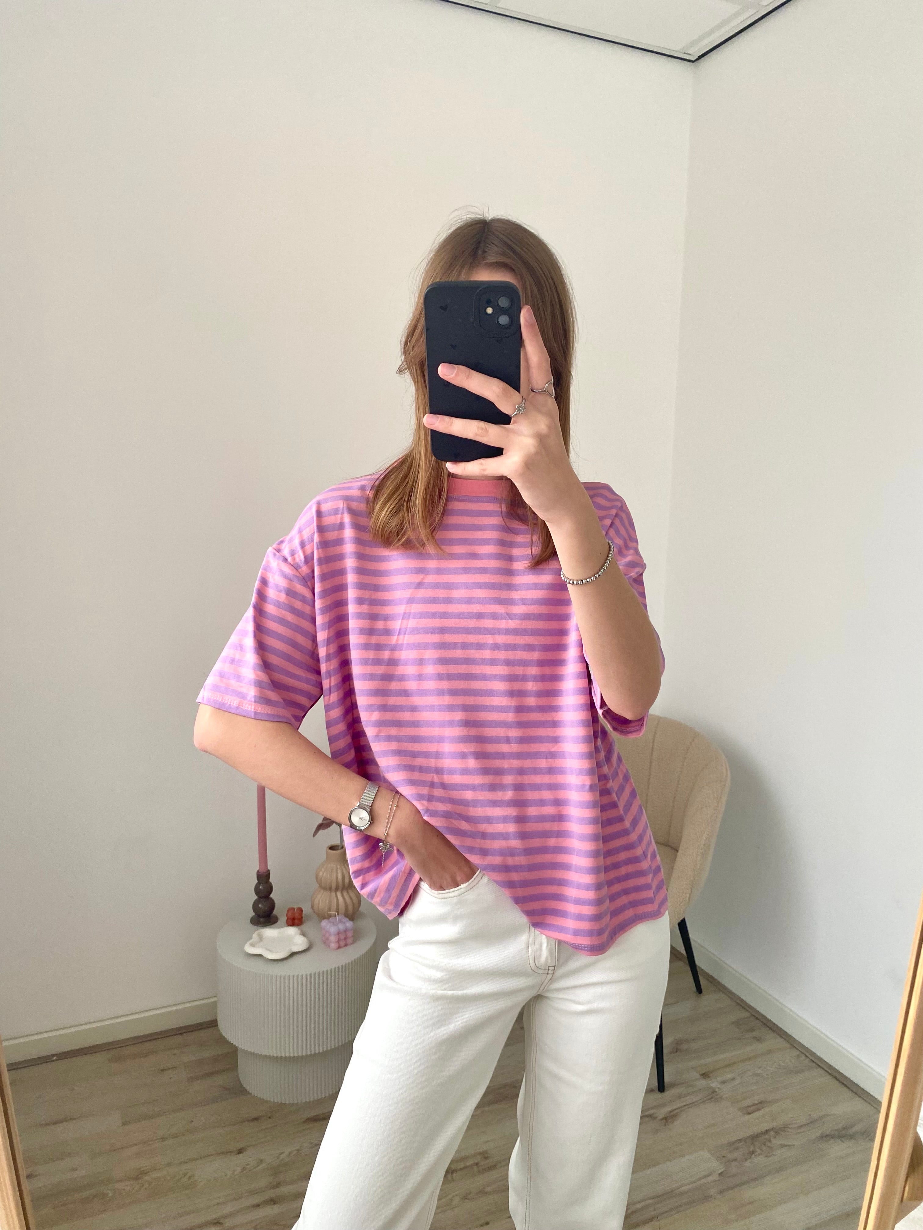 Oversized shirt met strepen in roze met paarse kleur
