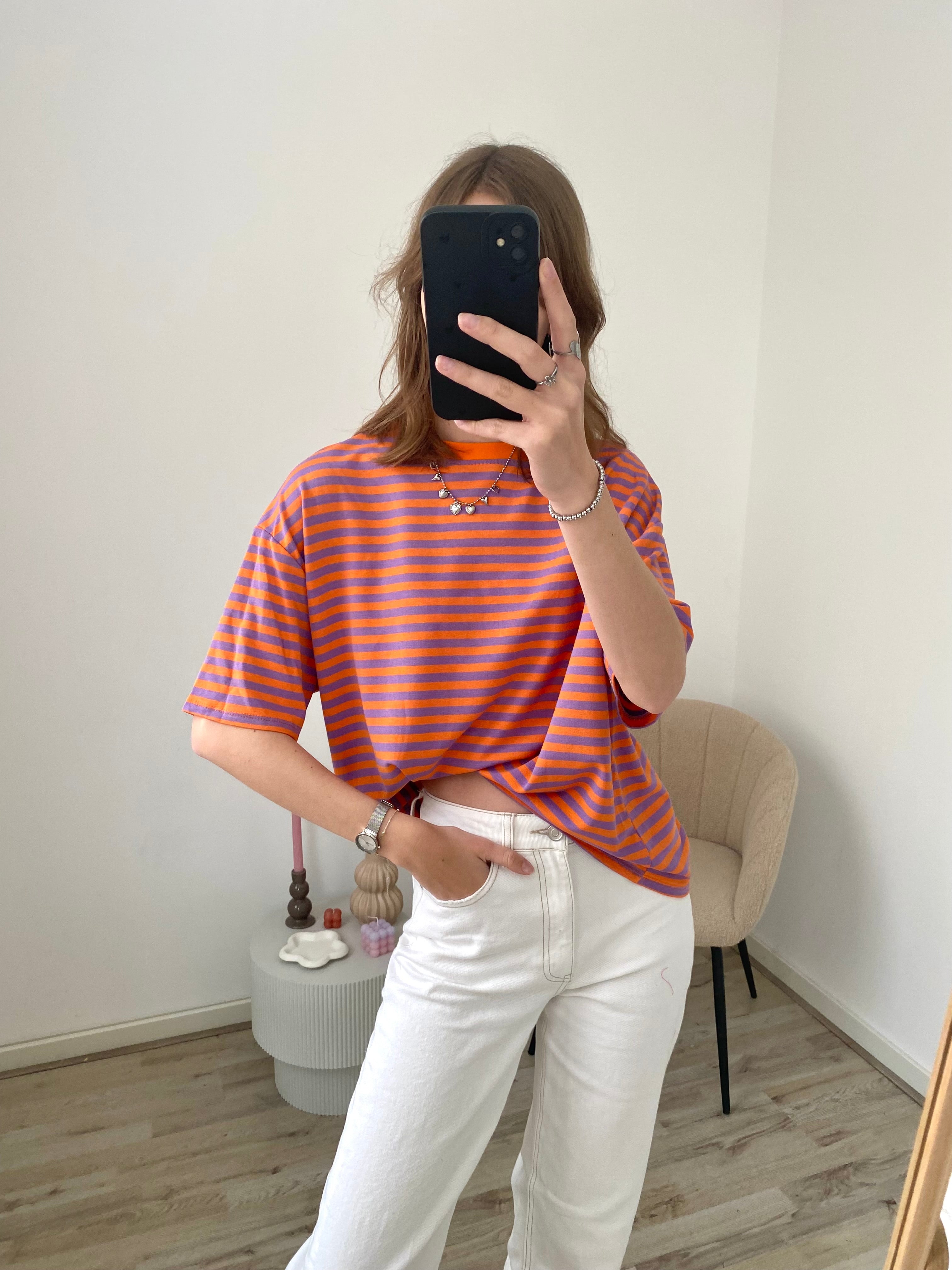 Shirt met korte mouw en strepen in paars met oranje kleuren