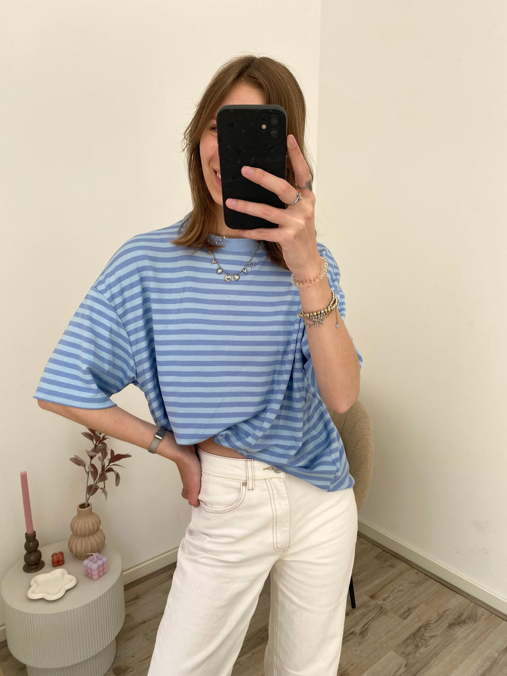 Shirt met korte mouw en strepen in blauw met donkerblauw