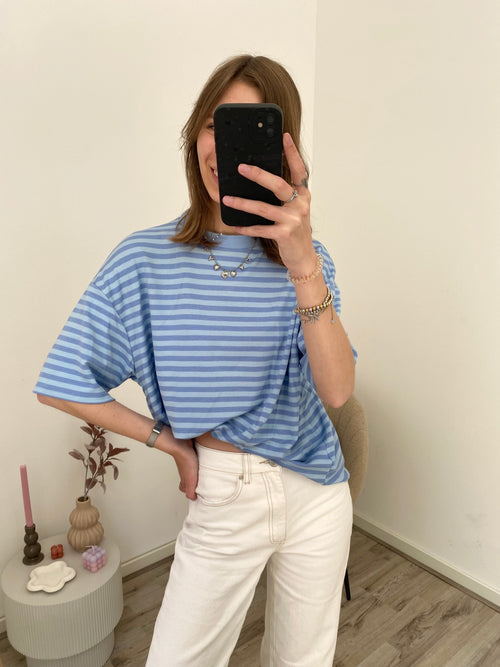 Shirt met korte mouw en strepen in blauw met donkerblauw