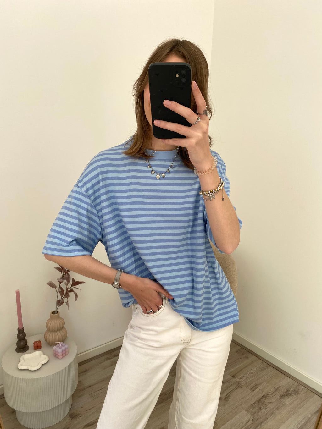 Shirt met korte mouw en strepen in blauw met donkerblauw