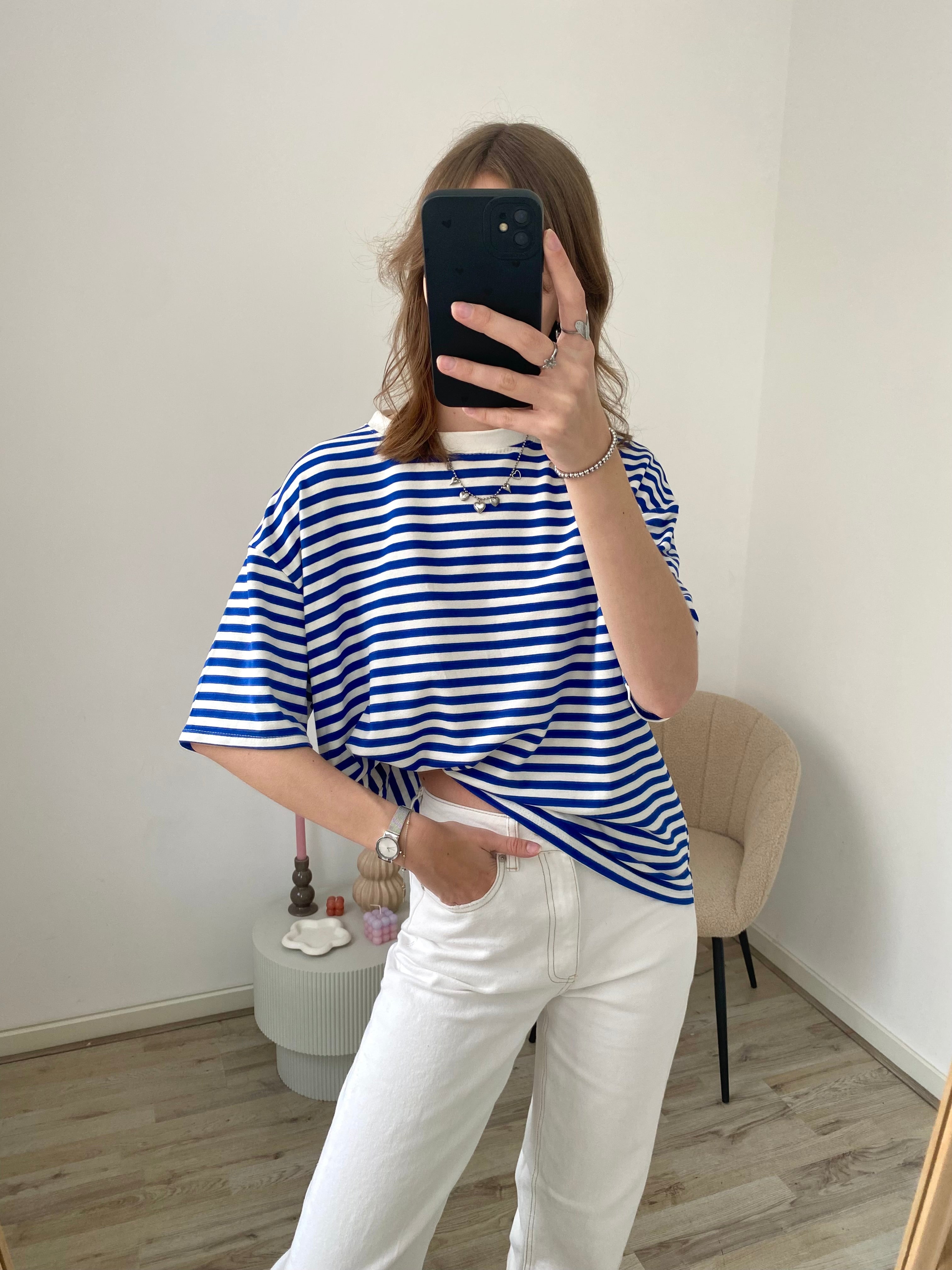 Shirt met korte mouw en strepen in blauw met wit