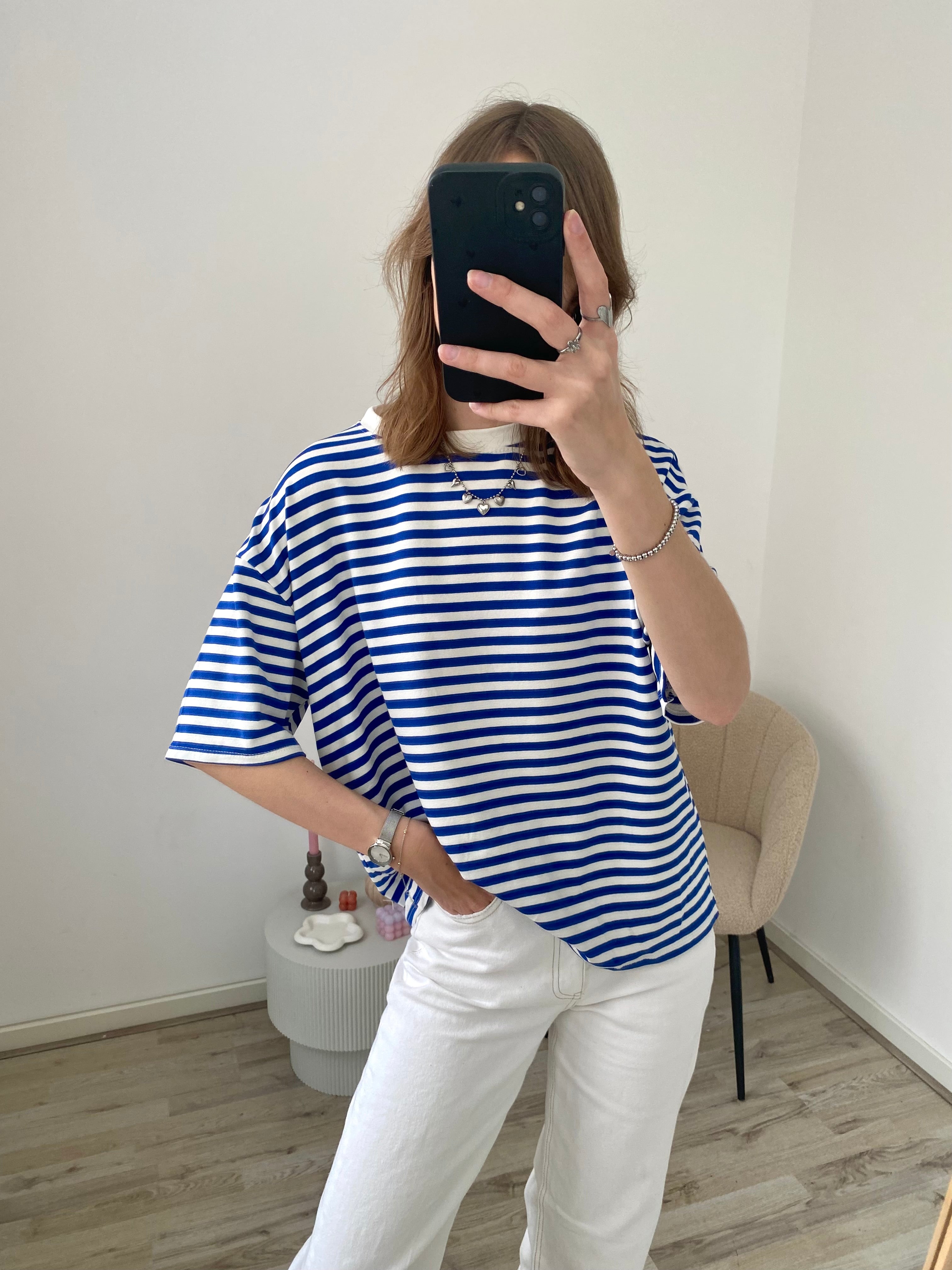 Shirt met korte mouw en strepen in blauw met wit