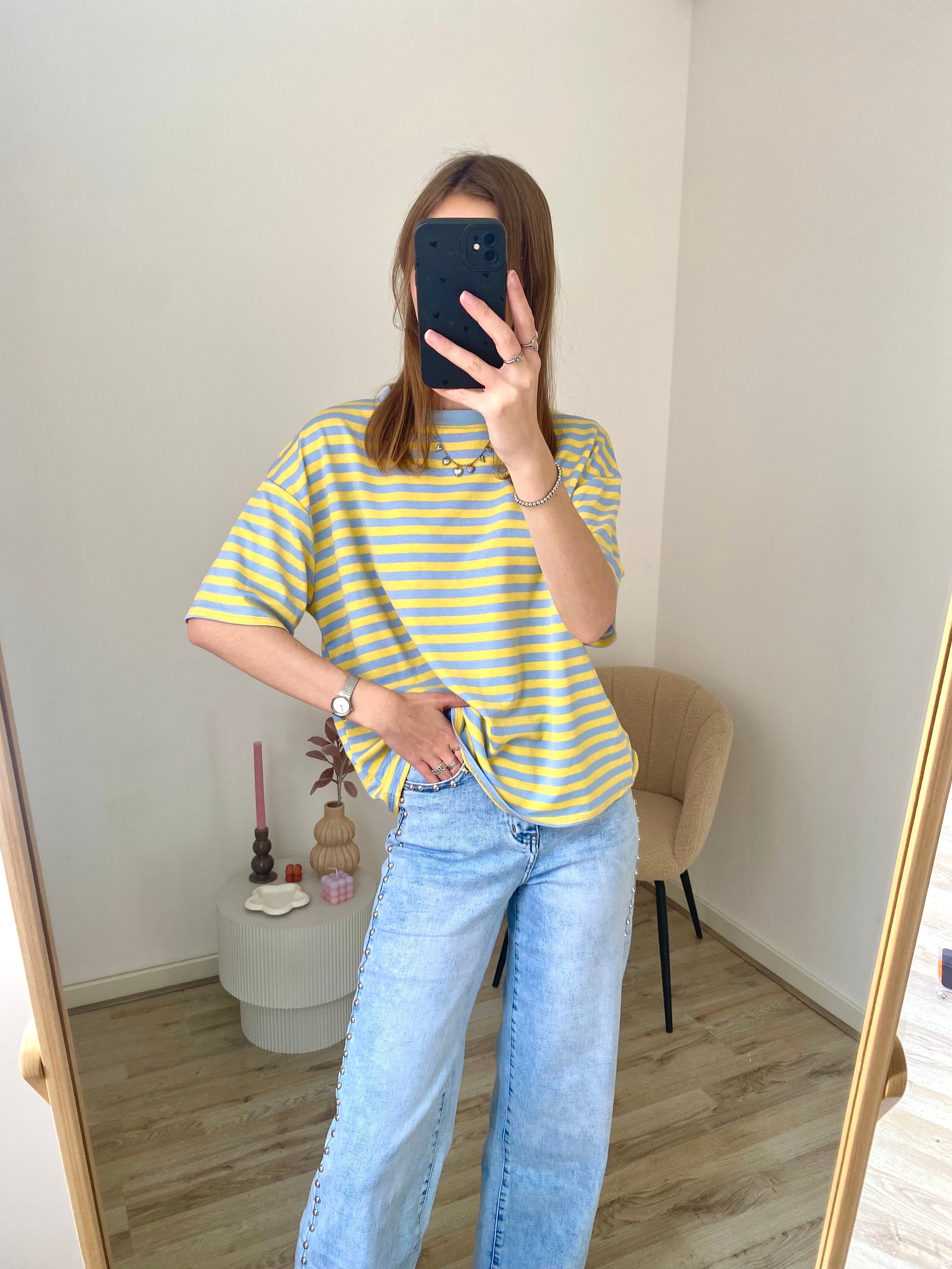 Korte mouw oversized shirt met strepen in geel met blauw
