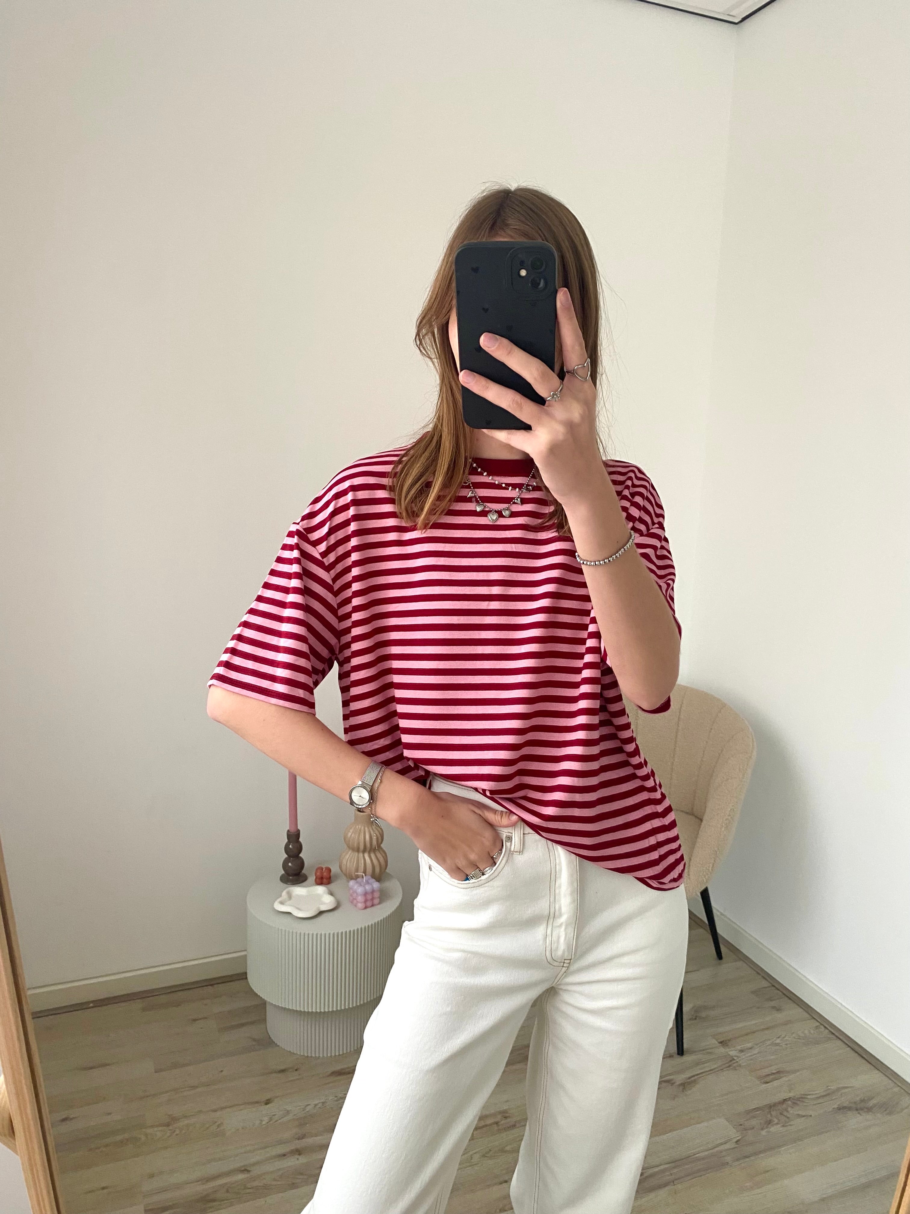 Oversized shirt met strepen in bordeaux en roze