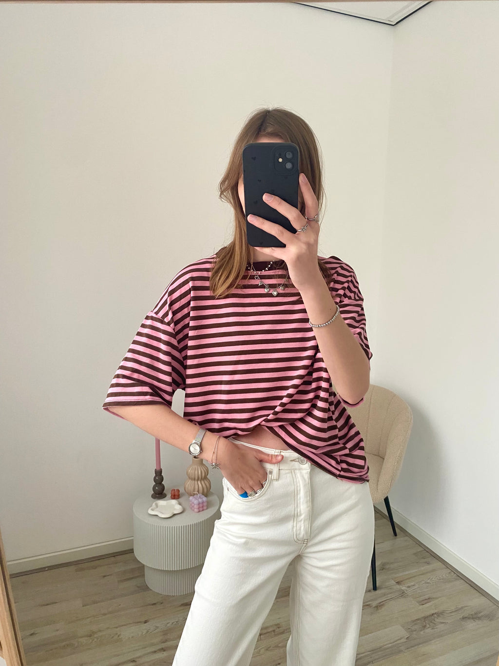 Oversized shirt met strepen in roze met bruine kleur