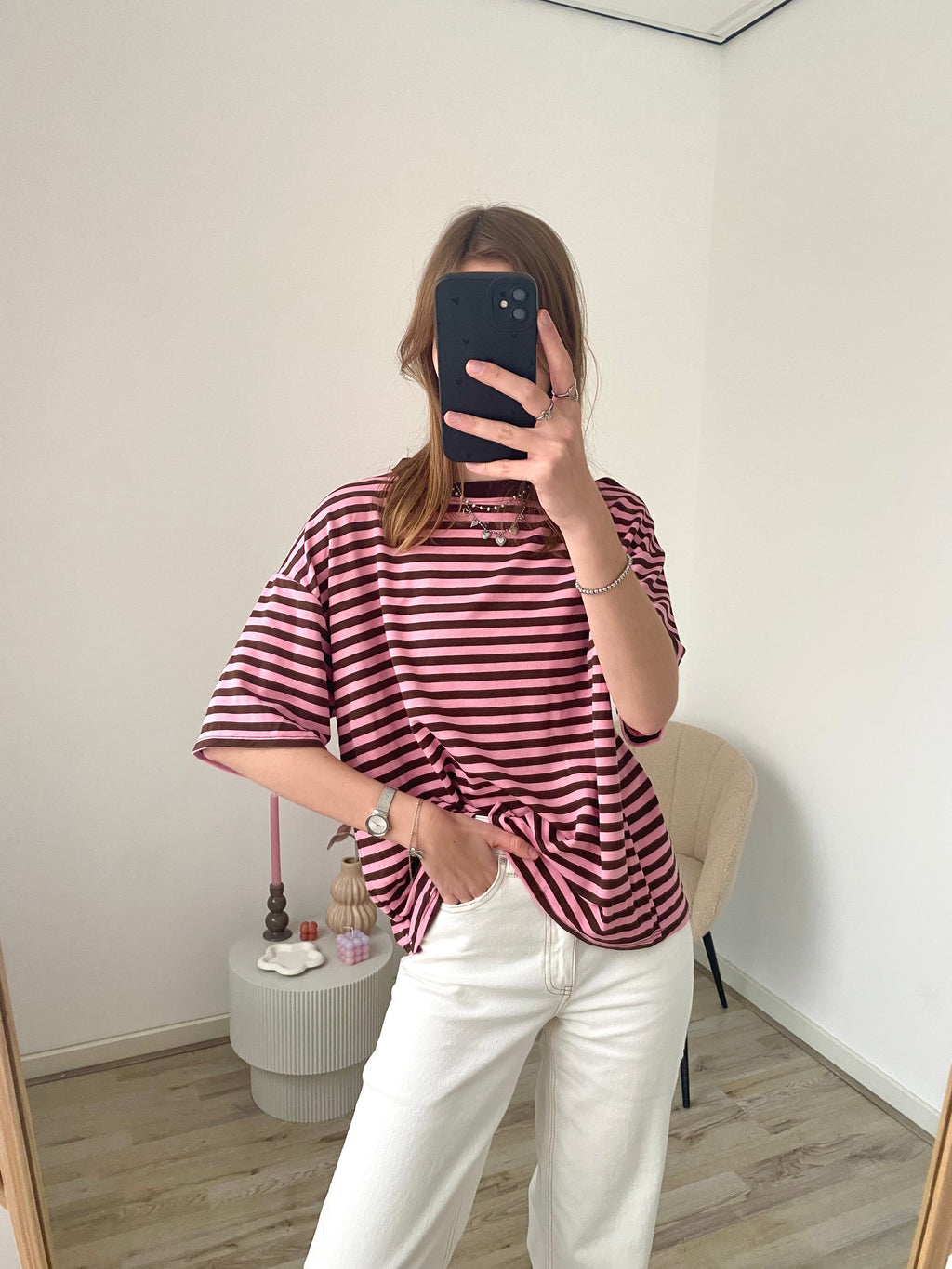 Oversized shirt met strepen in bruine en roze kleur