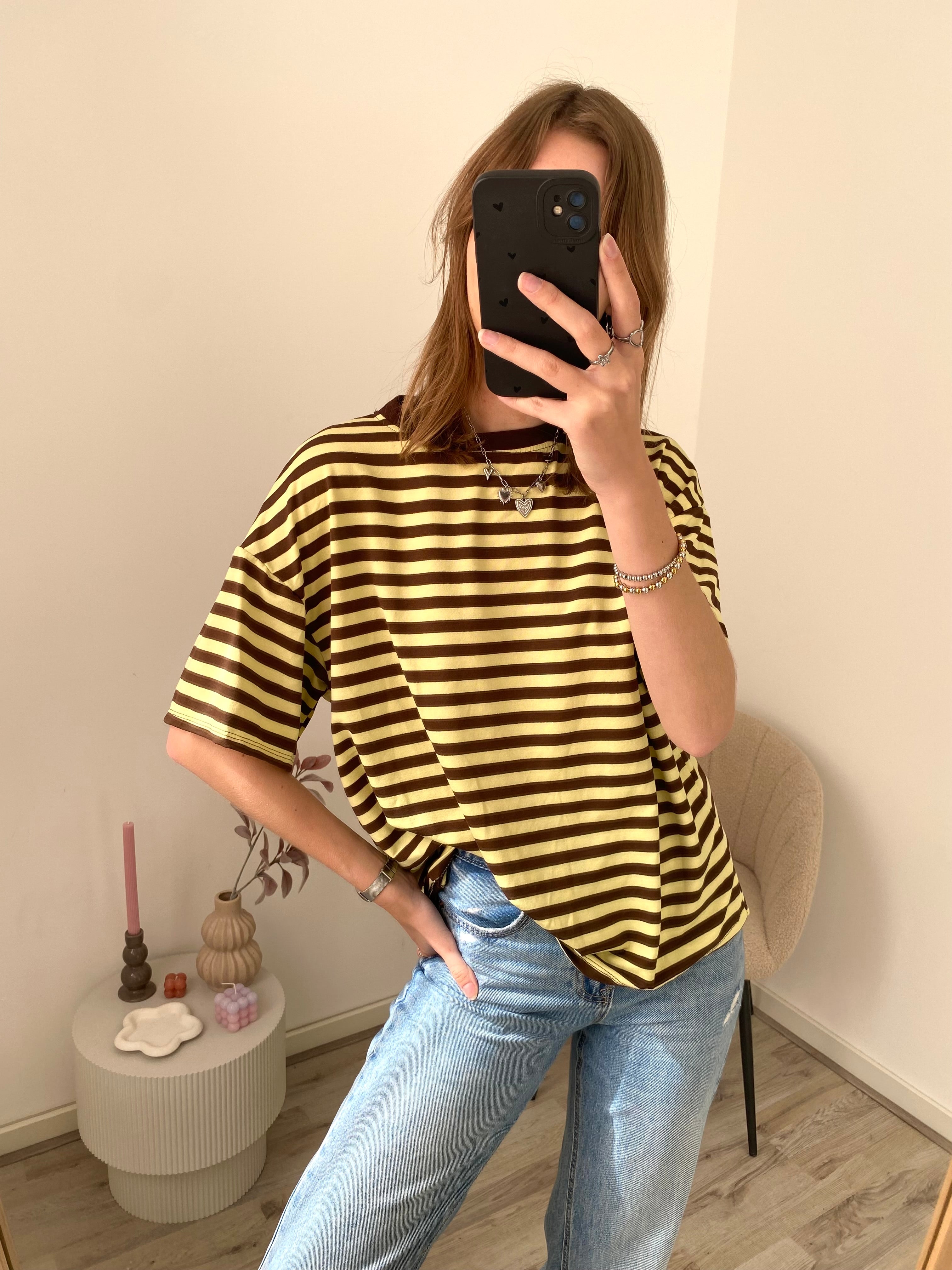 Shirt met korte mouw en strepen in bruin met geel