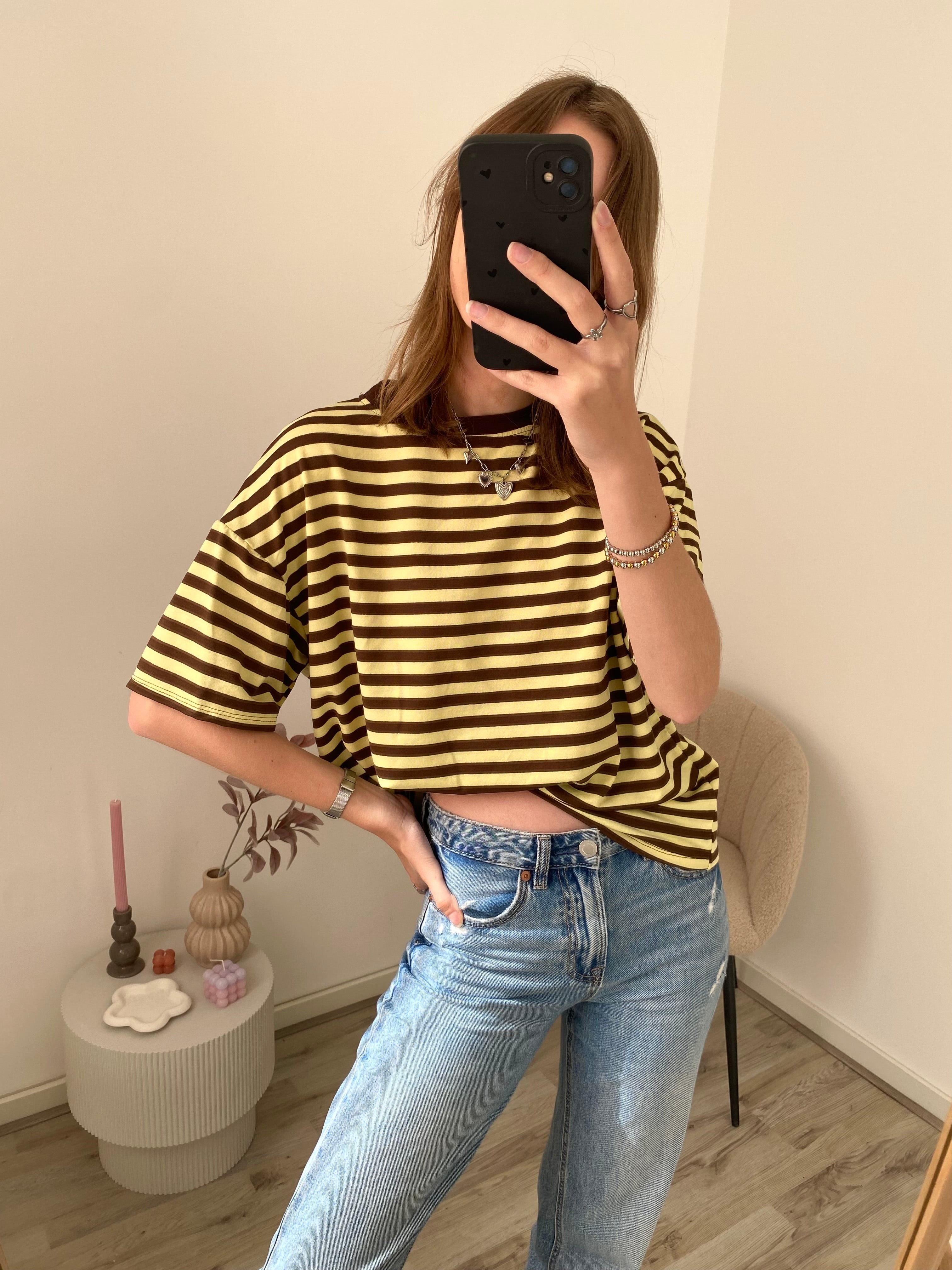 Shirt met korte mouw en strepen in bruin met geel