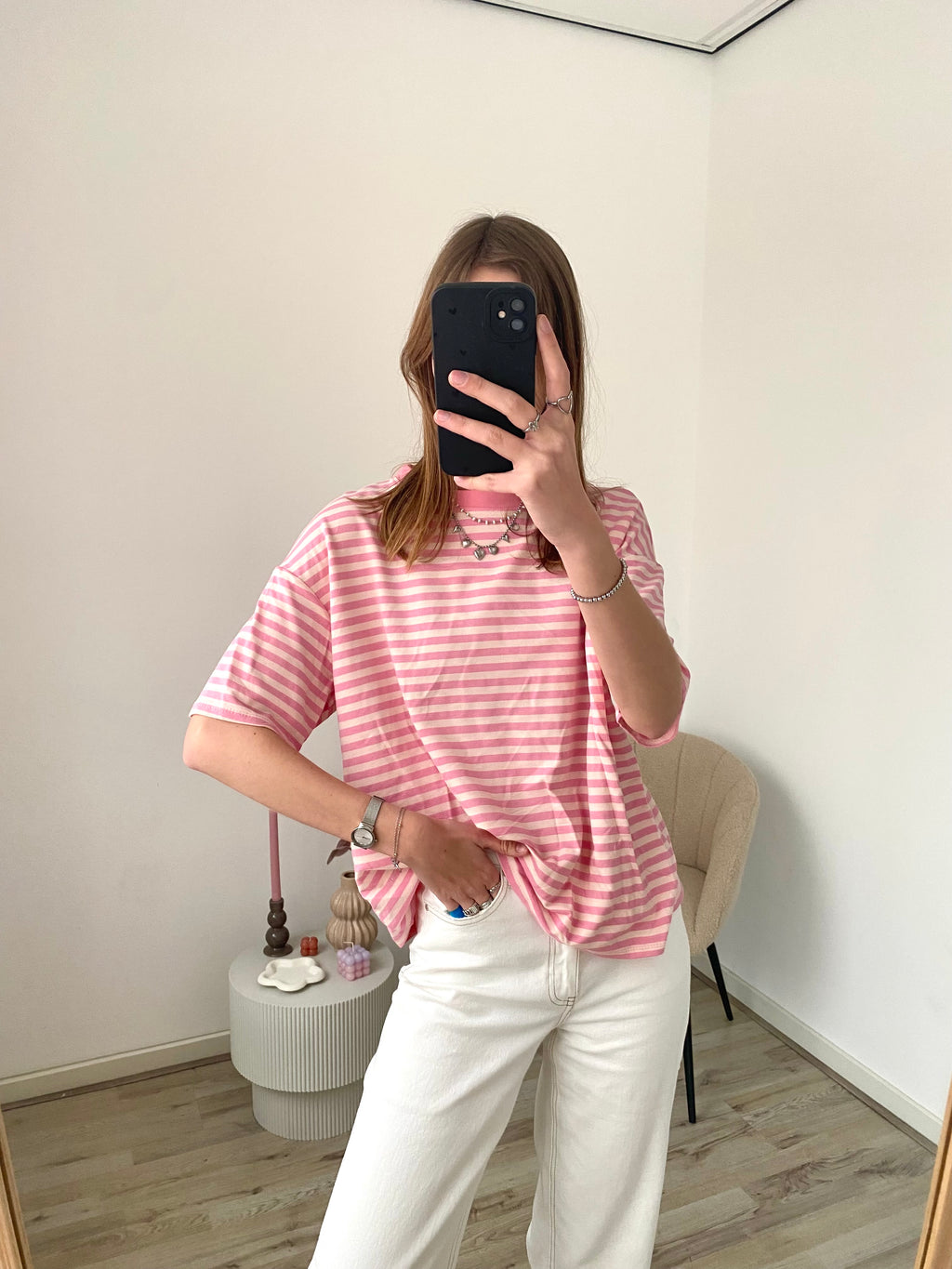 Oversized shirt met strepen in donkerroze met roze kleur