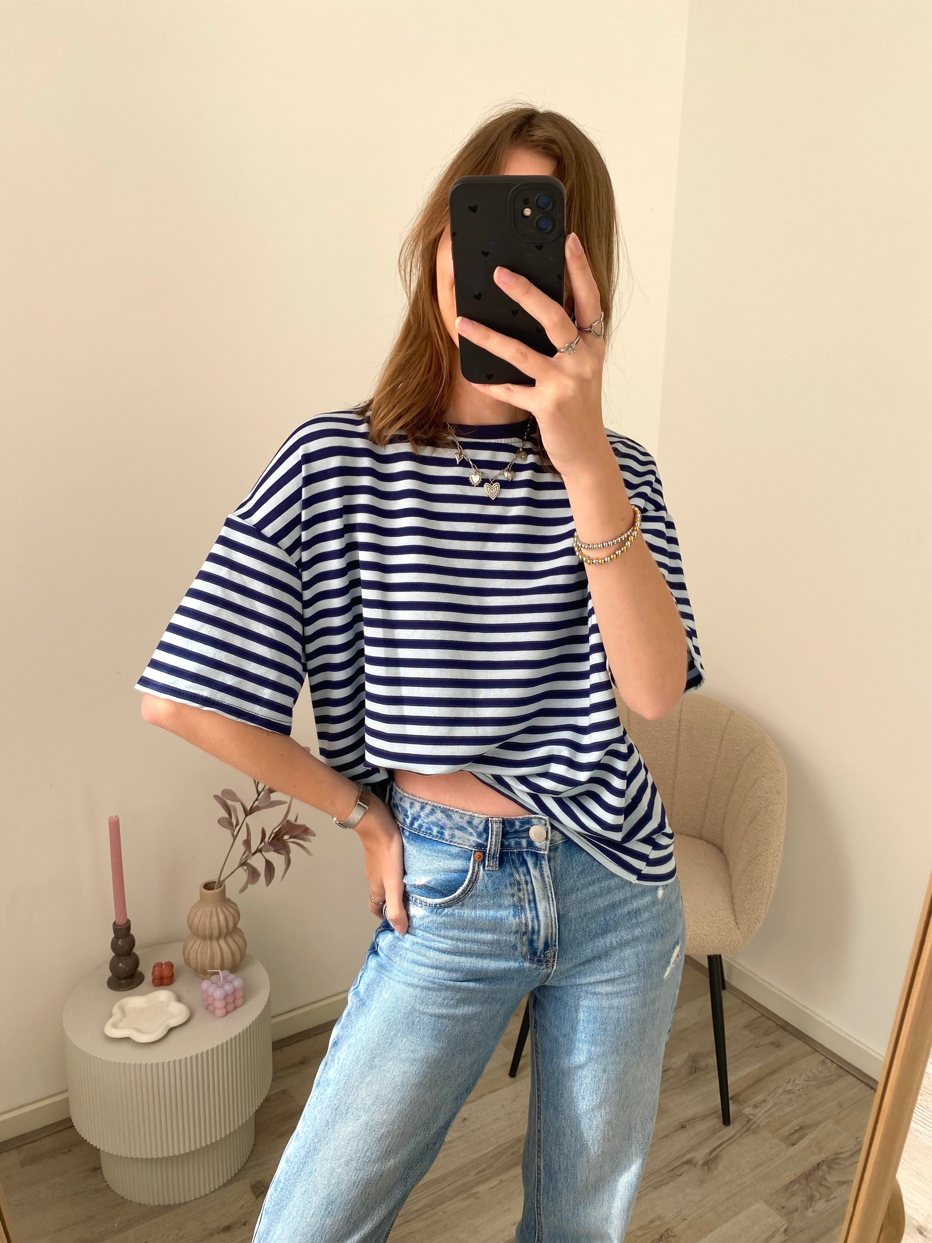 Shirt met korte mouw en strepen in blauw met denim