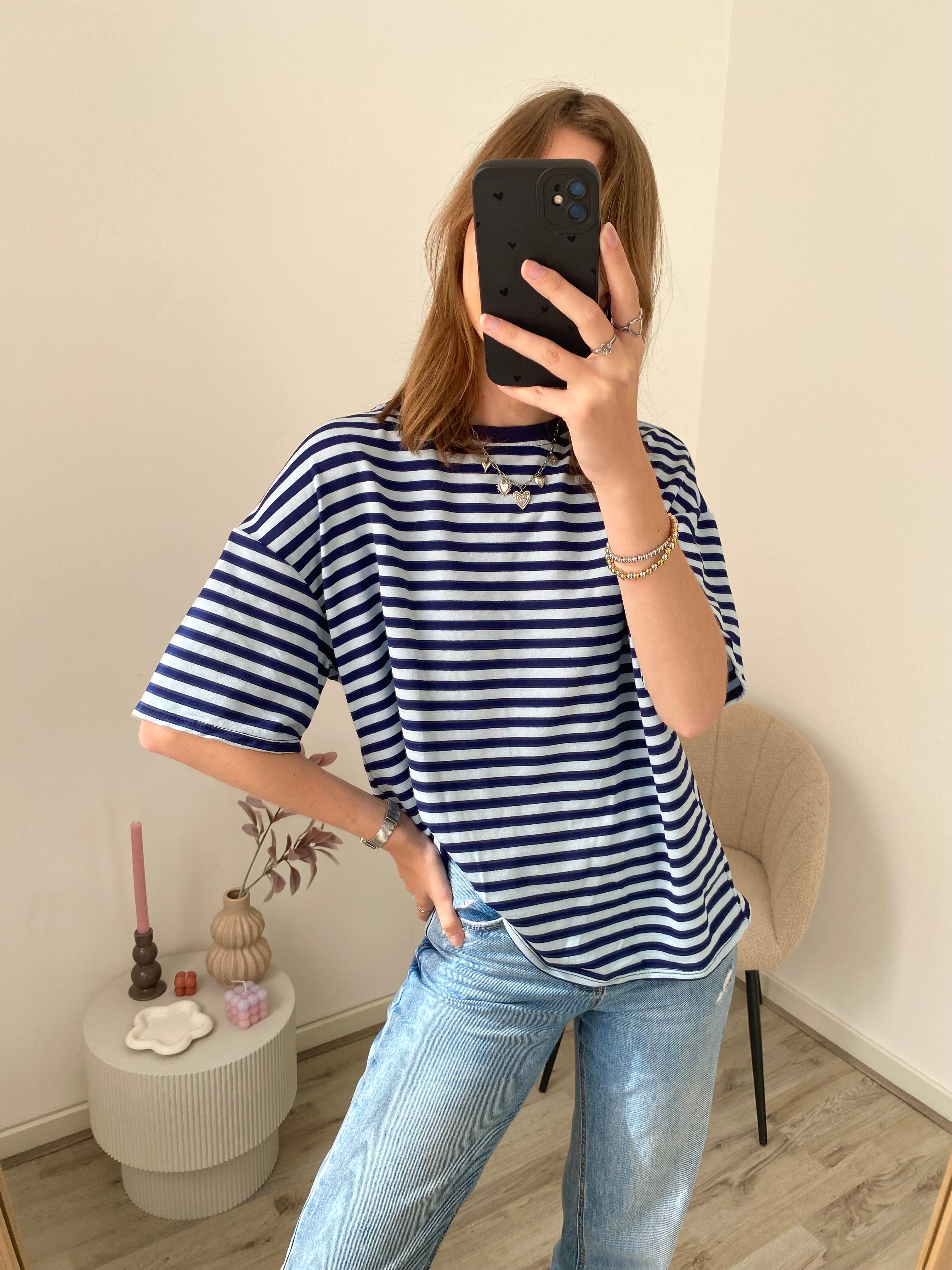Shirt met korte mouw en strepen in blauw met denim