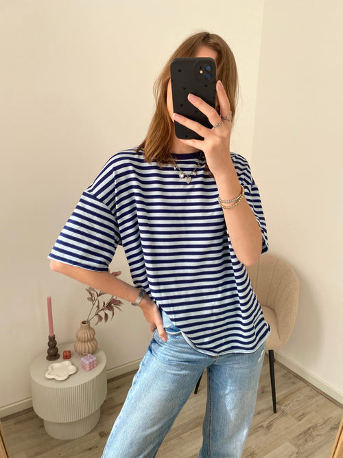 Shirt met korte mouw en strepen in blauw met denim