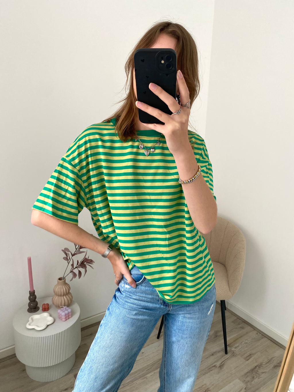 Shirt met korte mouw en strepen in groen met lime