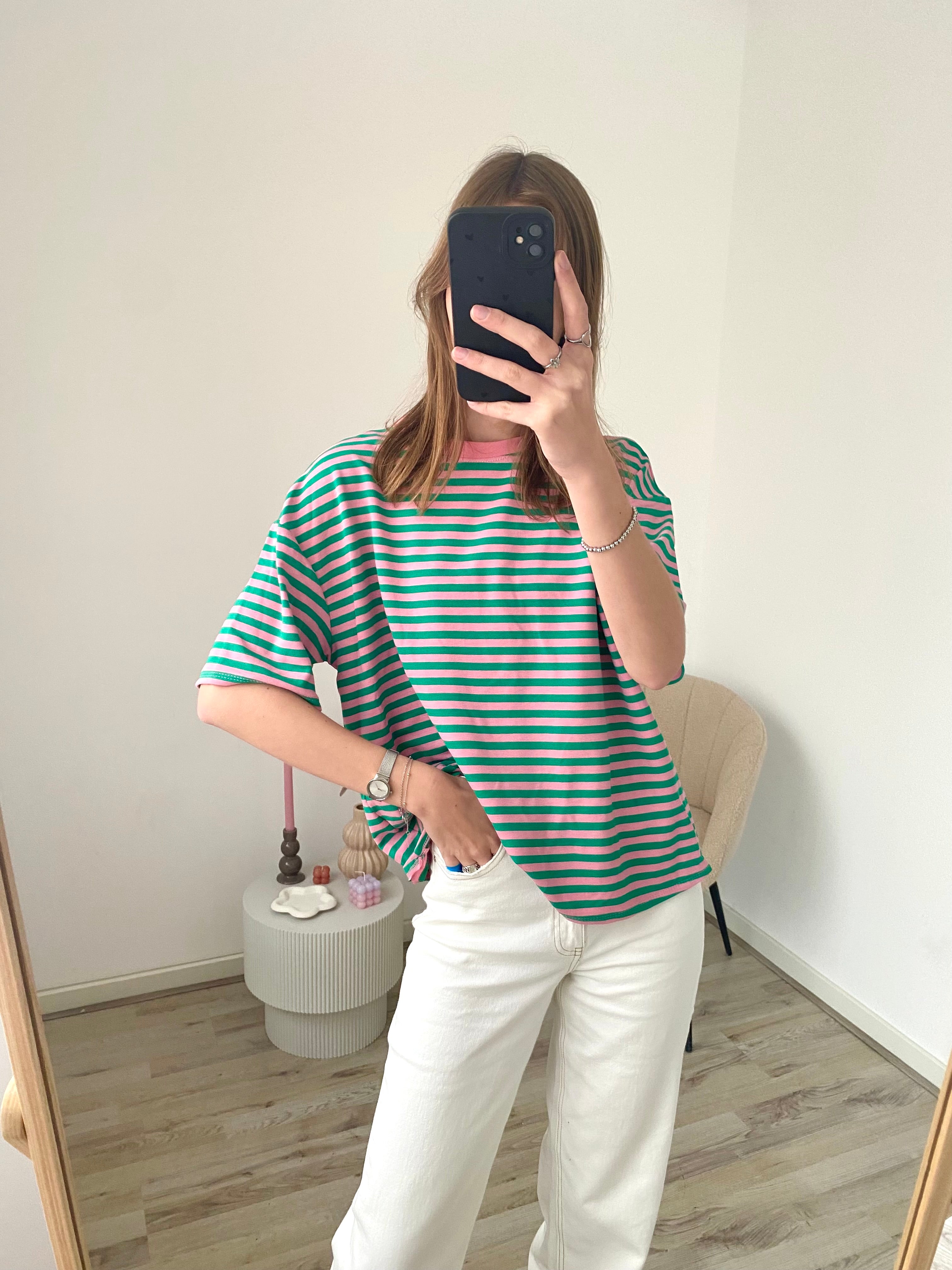 Oversized  shirt met strepen in groen met roze kleur