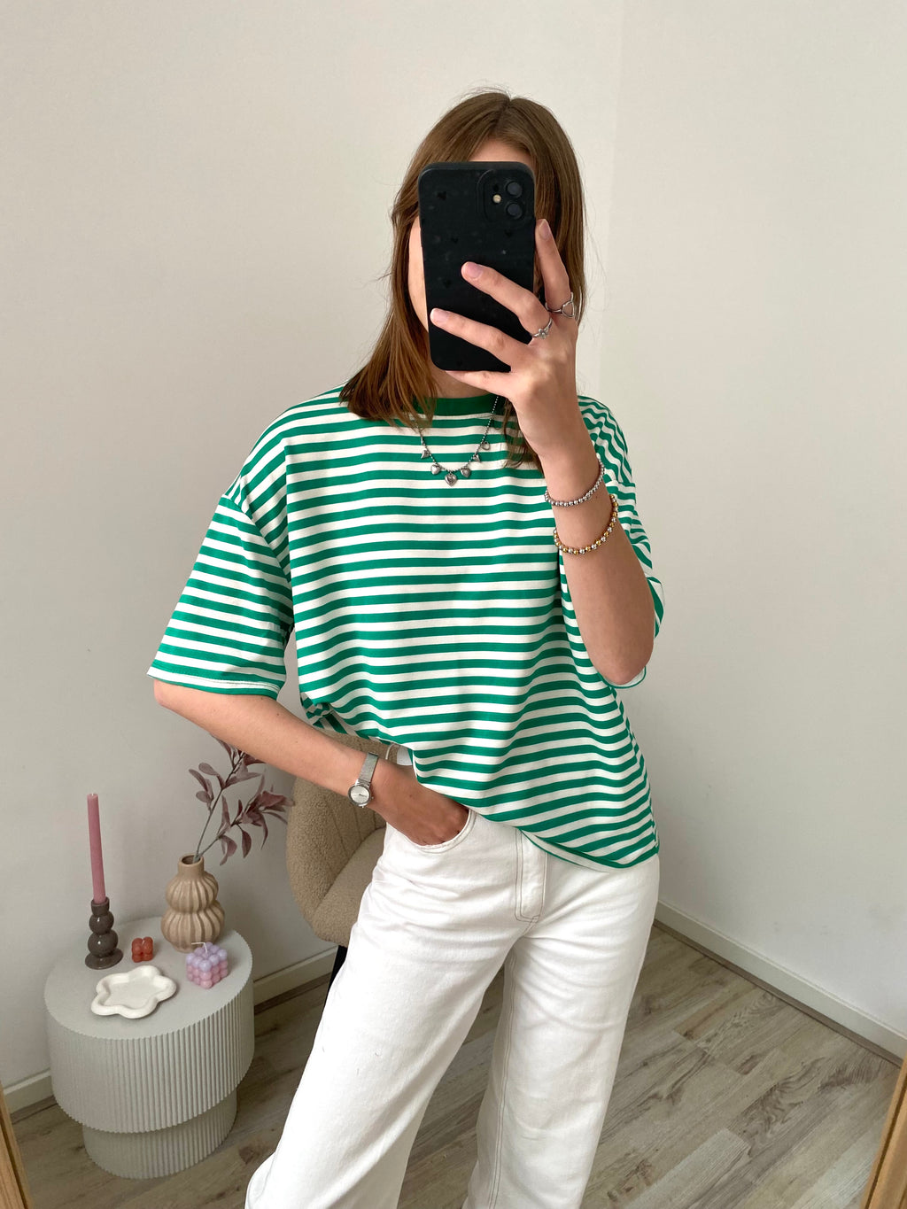 Shirt met korte mouw en strepen in het groen met wit