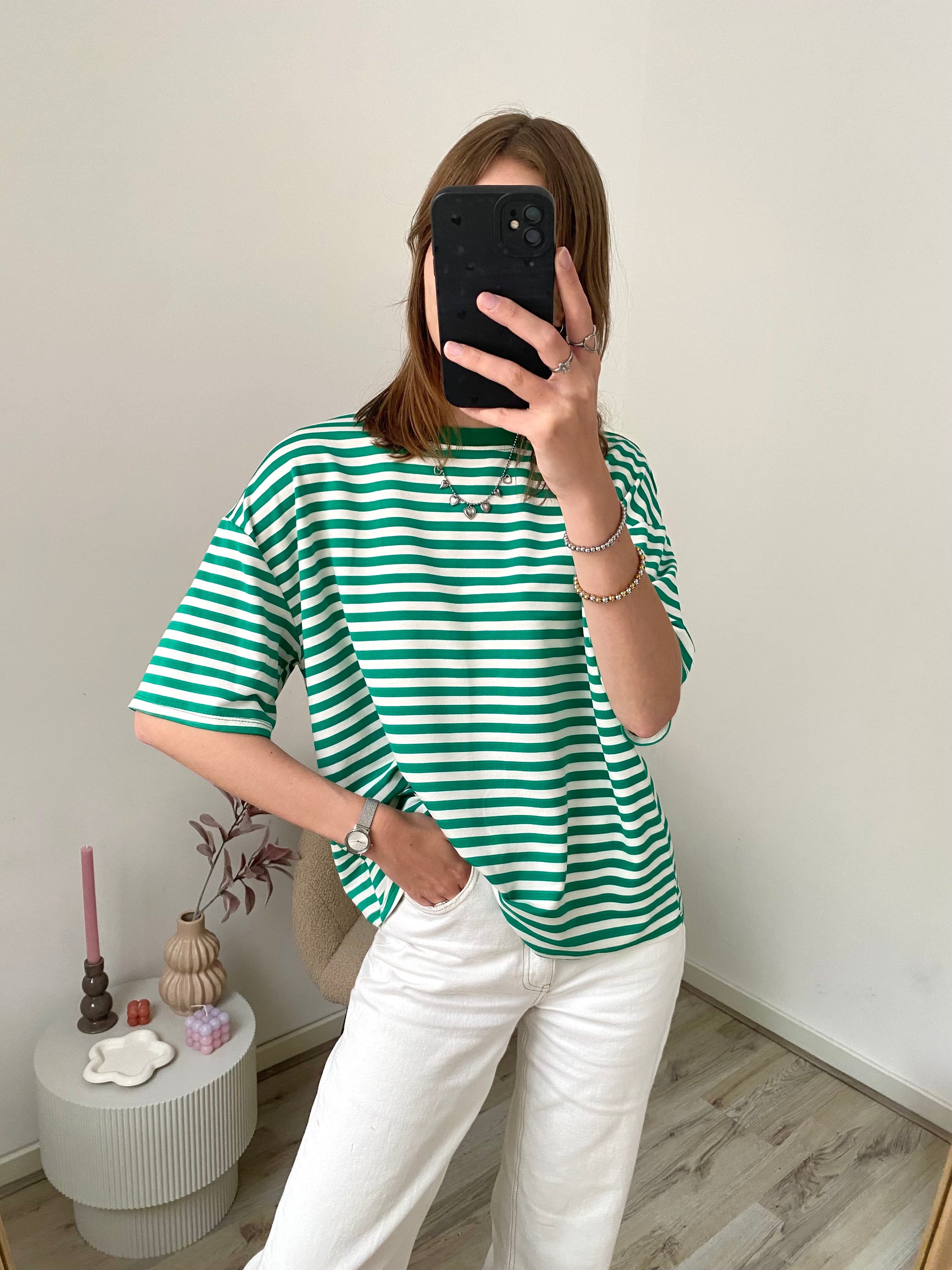 Shirt met korte mouw en strepen in het groen met wit