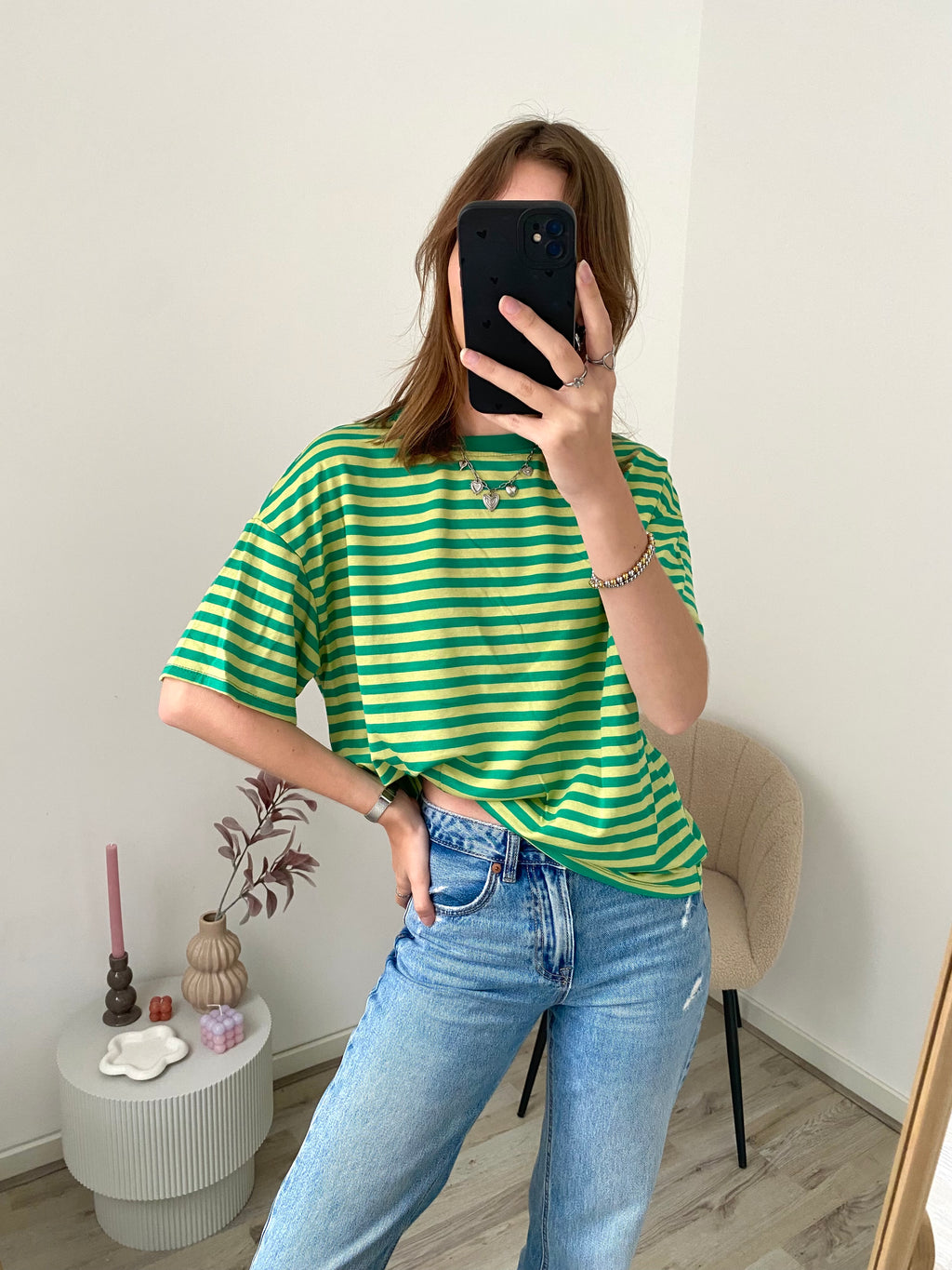 Shirt met korte mouw en strepen in groen met lime