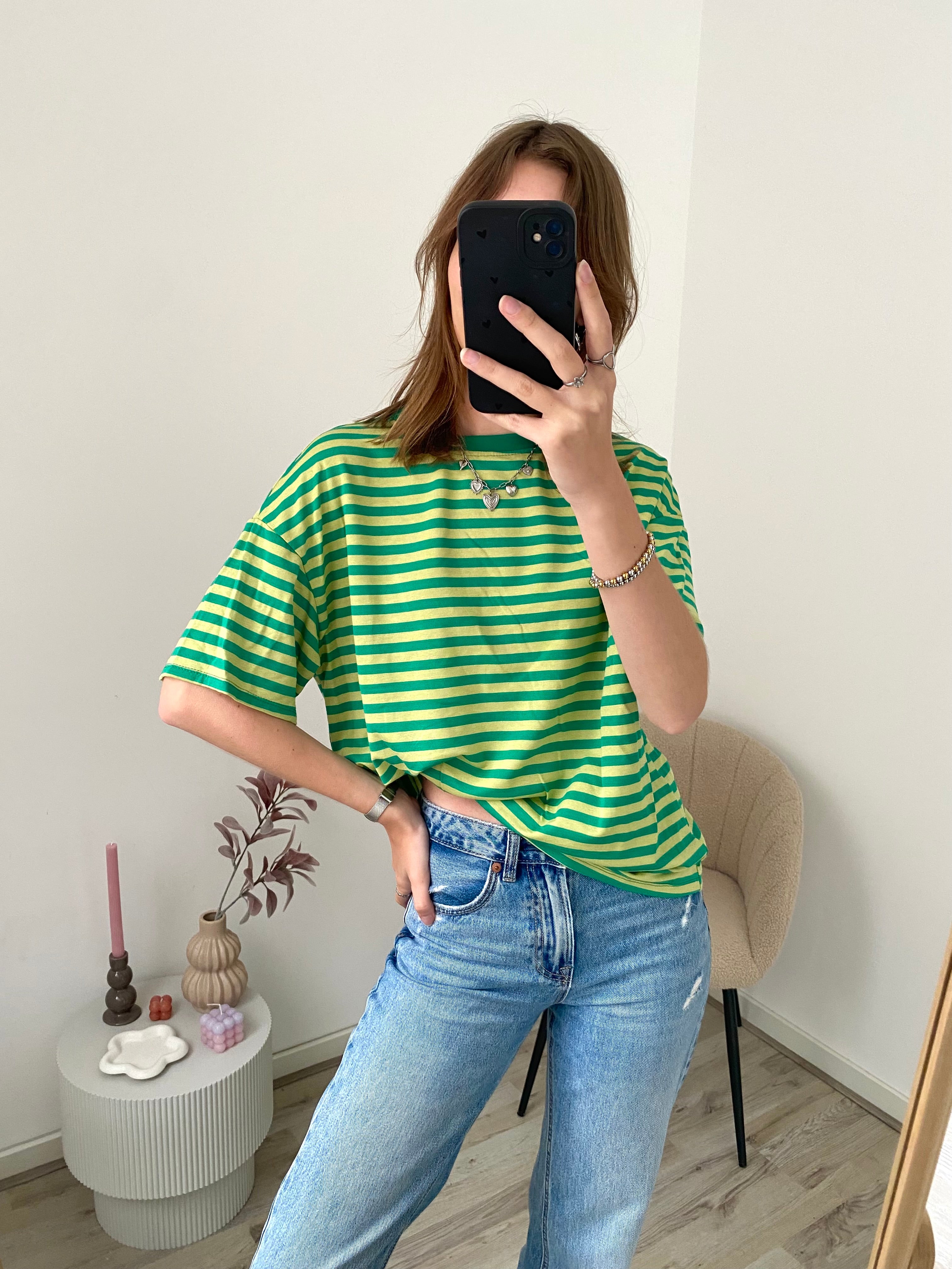 Shirt met korte mouw en strepen in groen met lime