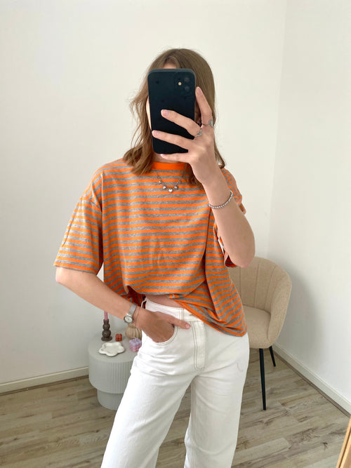 Shirt met korte mouw en strepen in grijs met oranje kleur